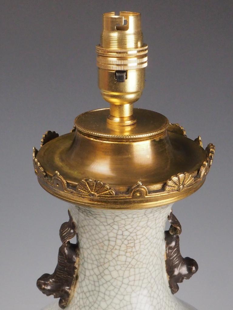 Antique Chinese Crackle Glaze Lamp with Foo Dog Motifs For Sale 1