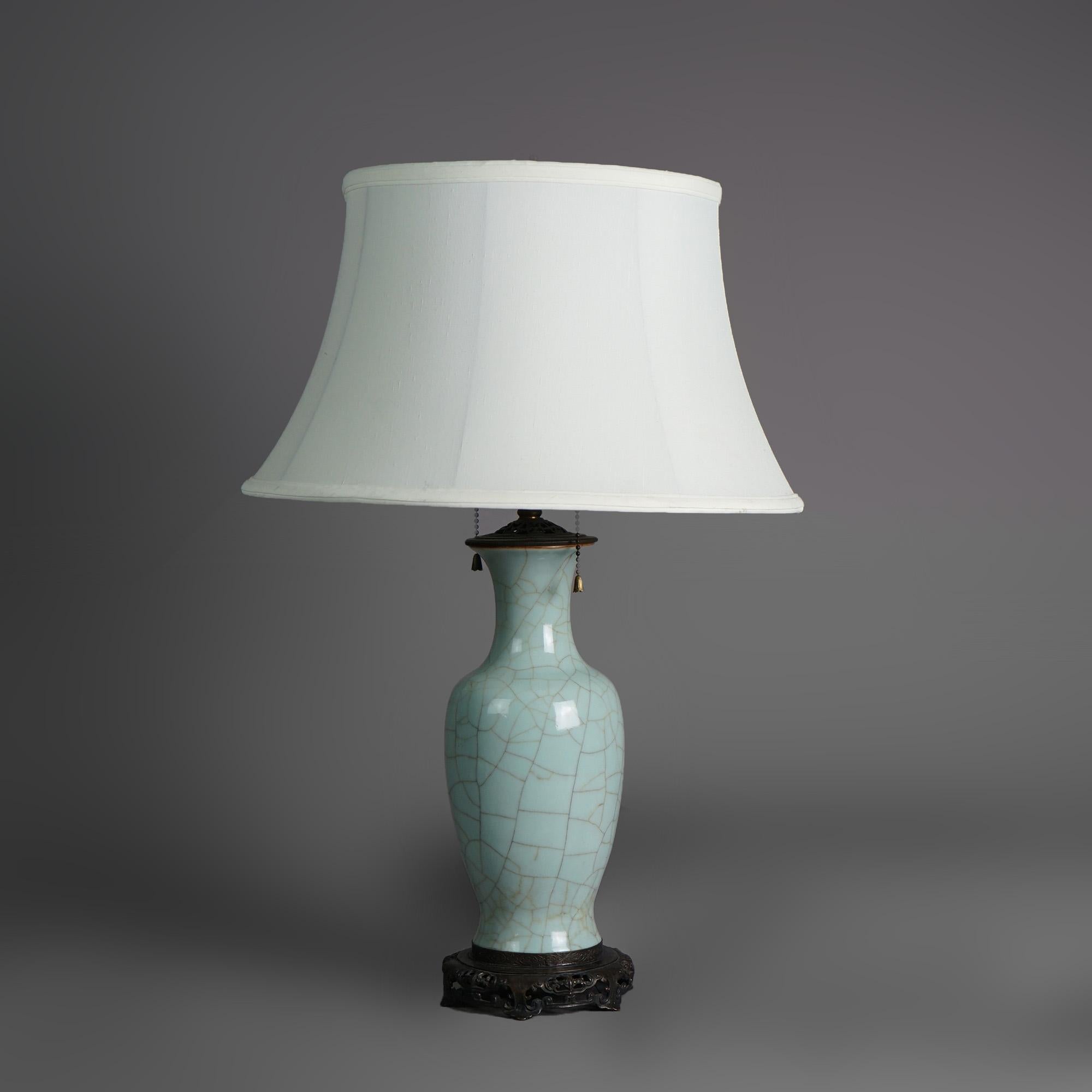Antique Chinese Crackled Celadon Glazed Art Pottery Table Lamp C1930 5