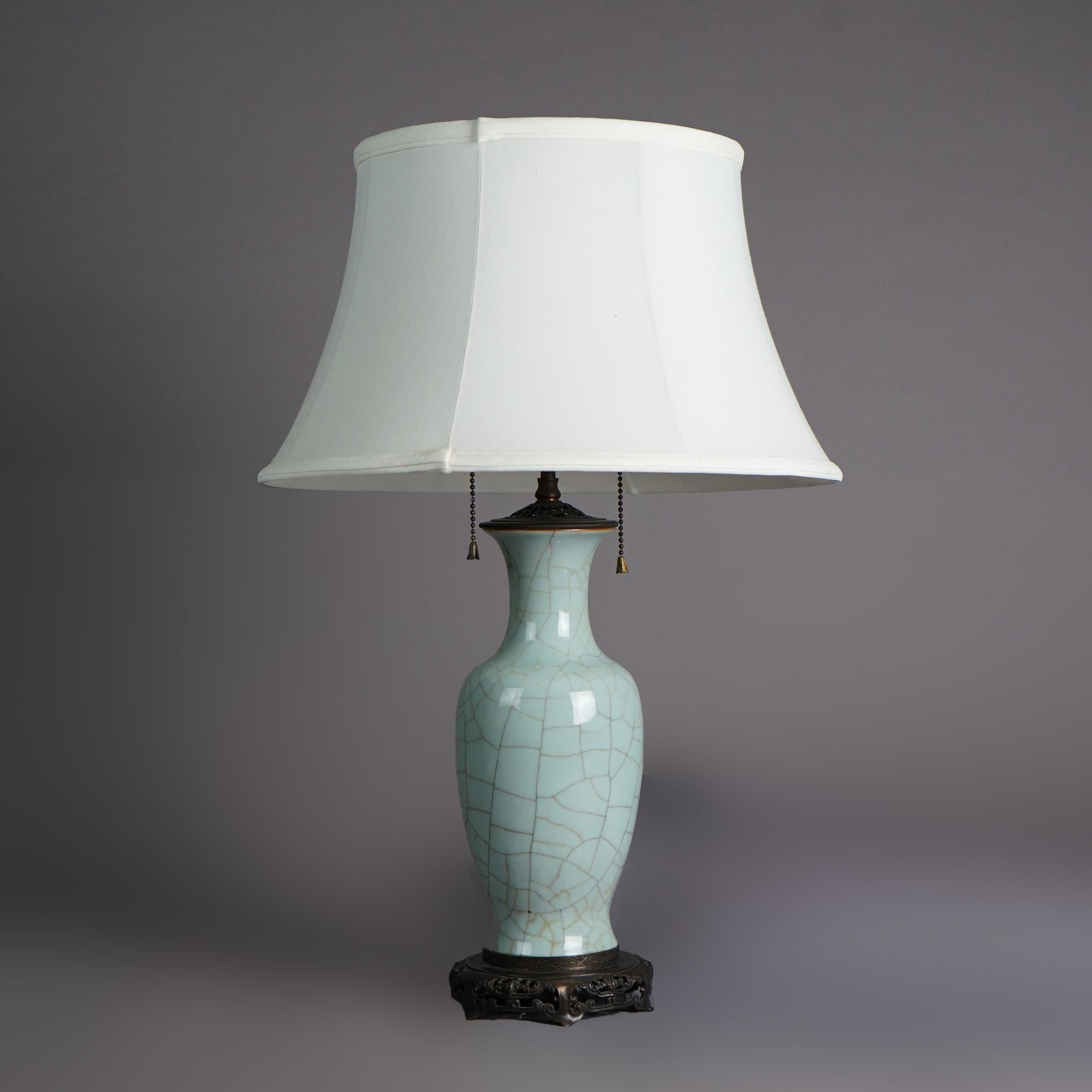 Antique Chinese Crackled Celadon Glazed Art Pottery Table Lamp C1930 6