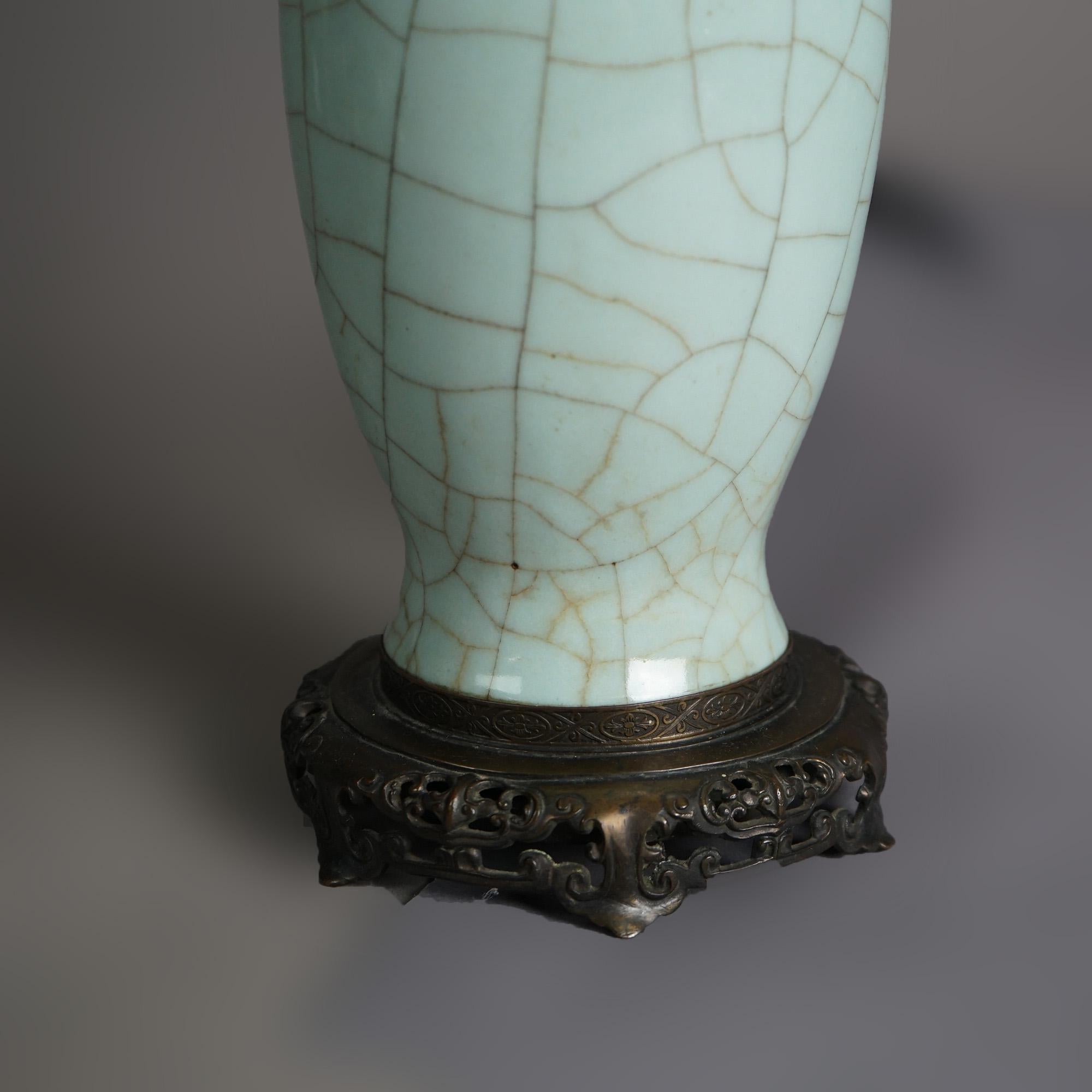 Antique Chinese Crackled Celadon Glazed Art Pottery Table Lamp C1930 8