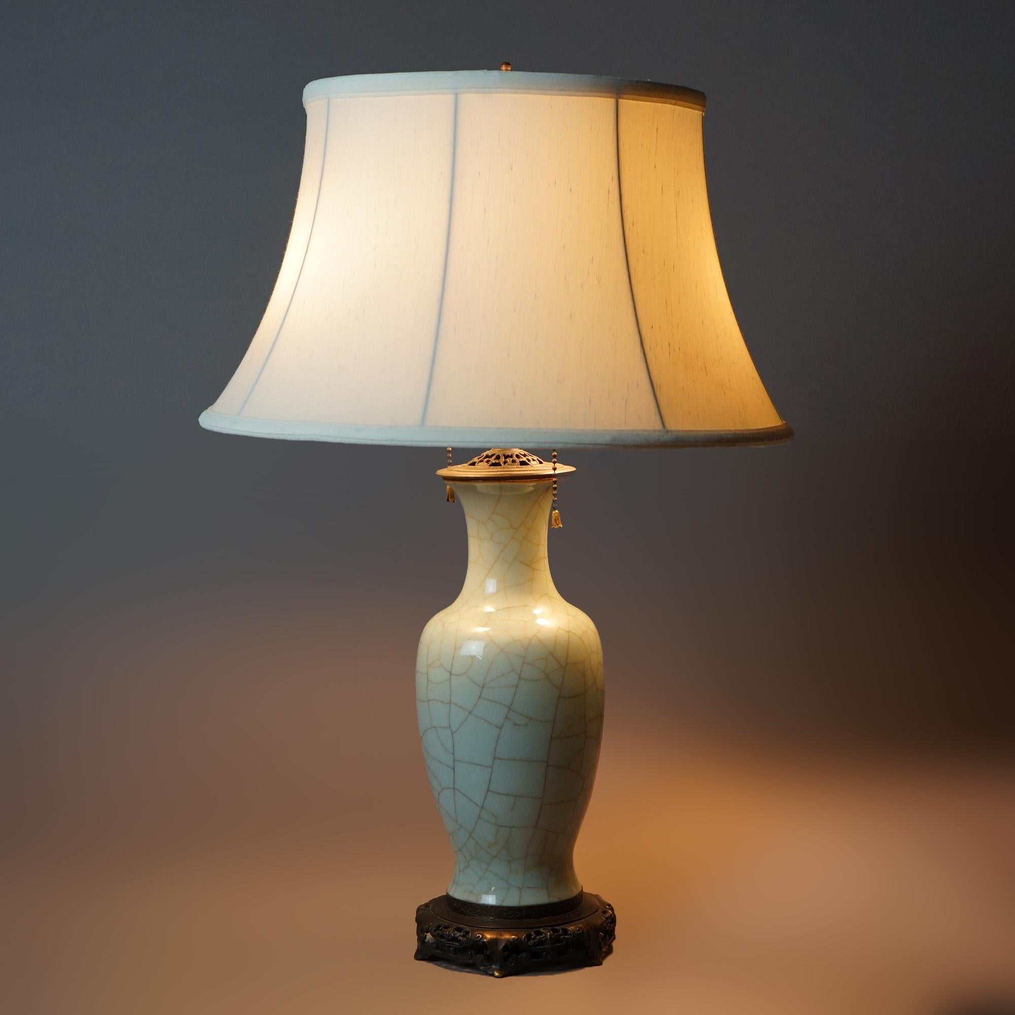 American Antique Chinese Crackled Celadon Glazed Art Pottery Table Lamp C1930
