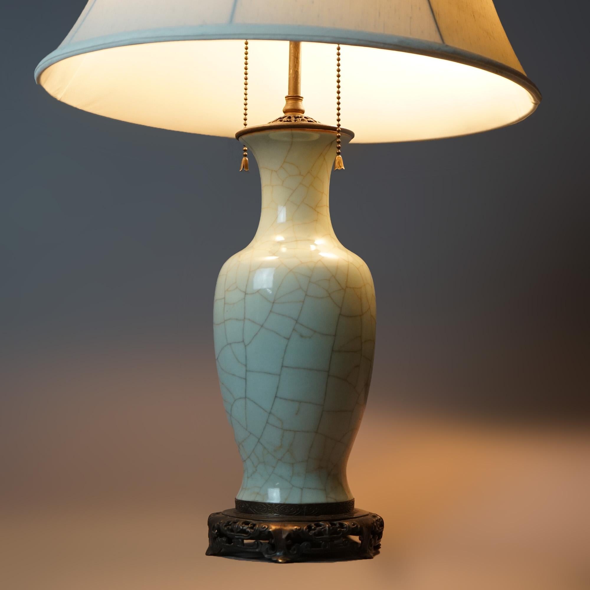 Antique Chinese Crackled Celadon Glazed Art Pottery Table Lamp C1930 In Good Condition In Big Flats, NY