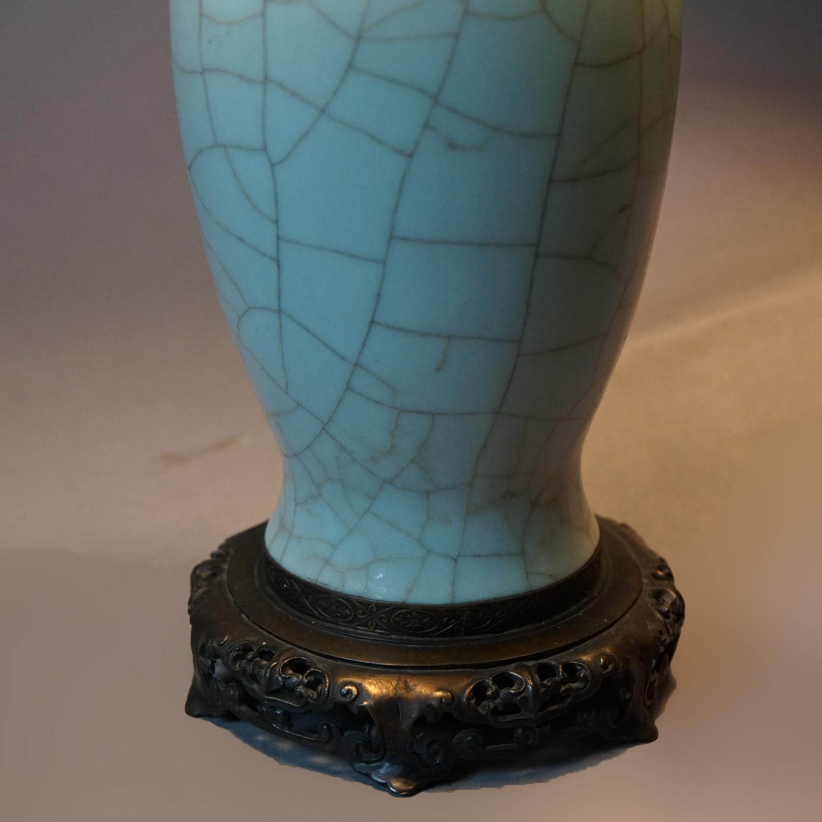 Antique Chinese Crackled Celadon Glazed Art Pottery Table Lamp C1930 1
