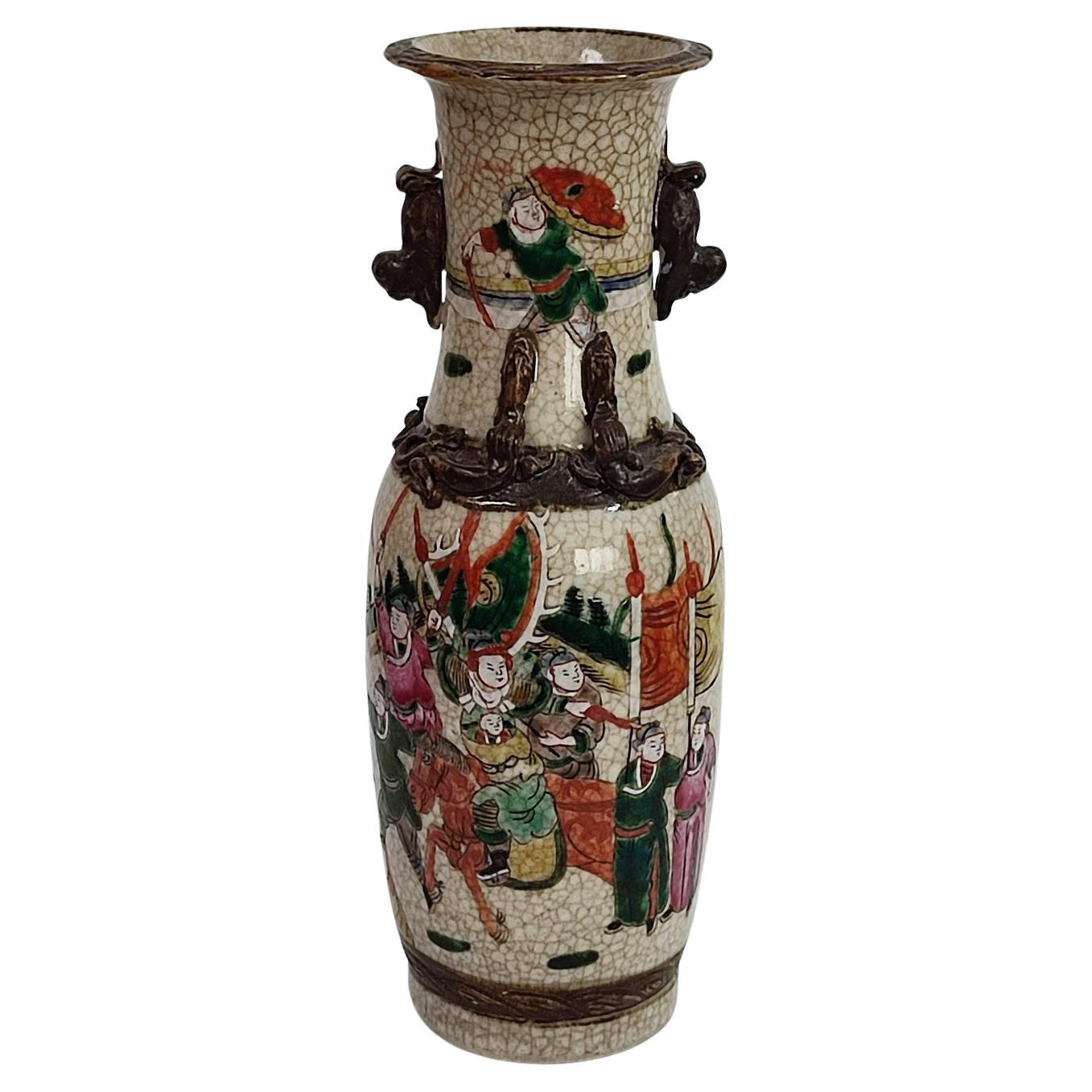 Antique Chinese Crackleware Vase Warriors Decor