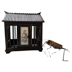 Antique Chinese Cricket Cage "House Form" and a Metal Cricket