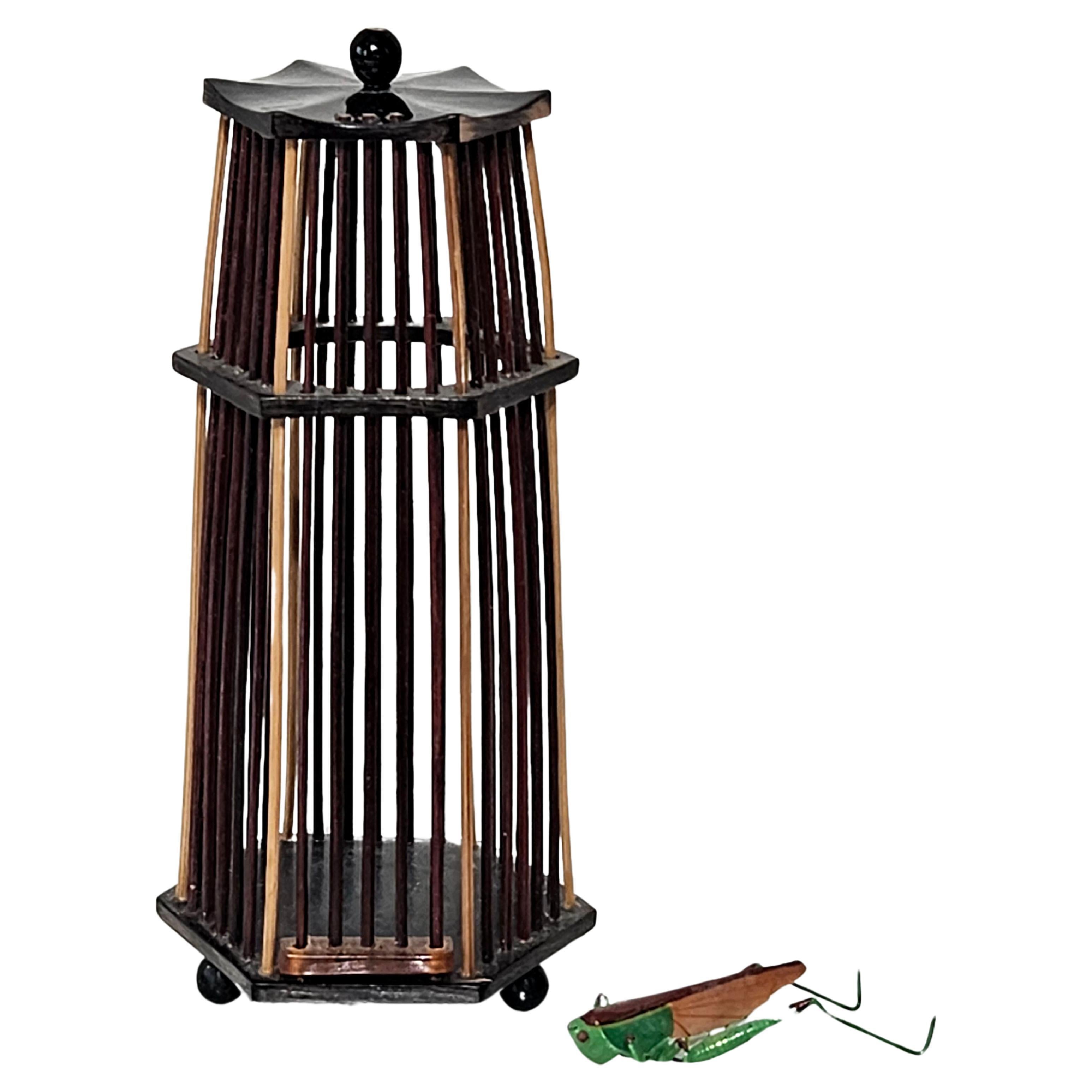 Antique Chinese Cricket Cage "Pagoda Tower" and a Metal Cricket
