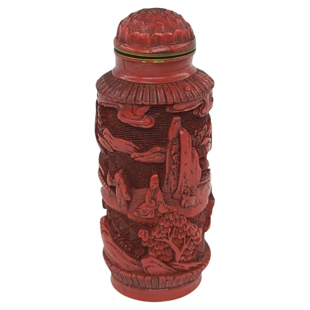 Antique Chinese Cylindrical Carved Cinnabar Lacquer Snuff Bottle Qing 19c