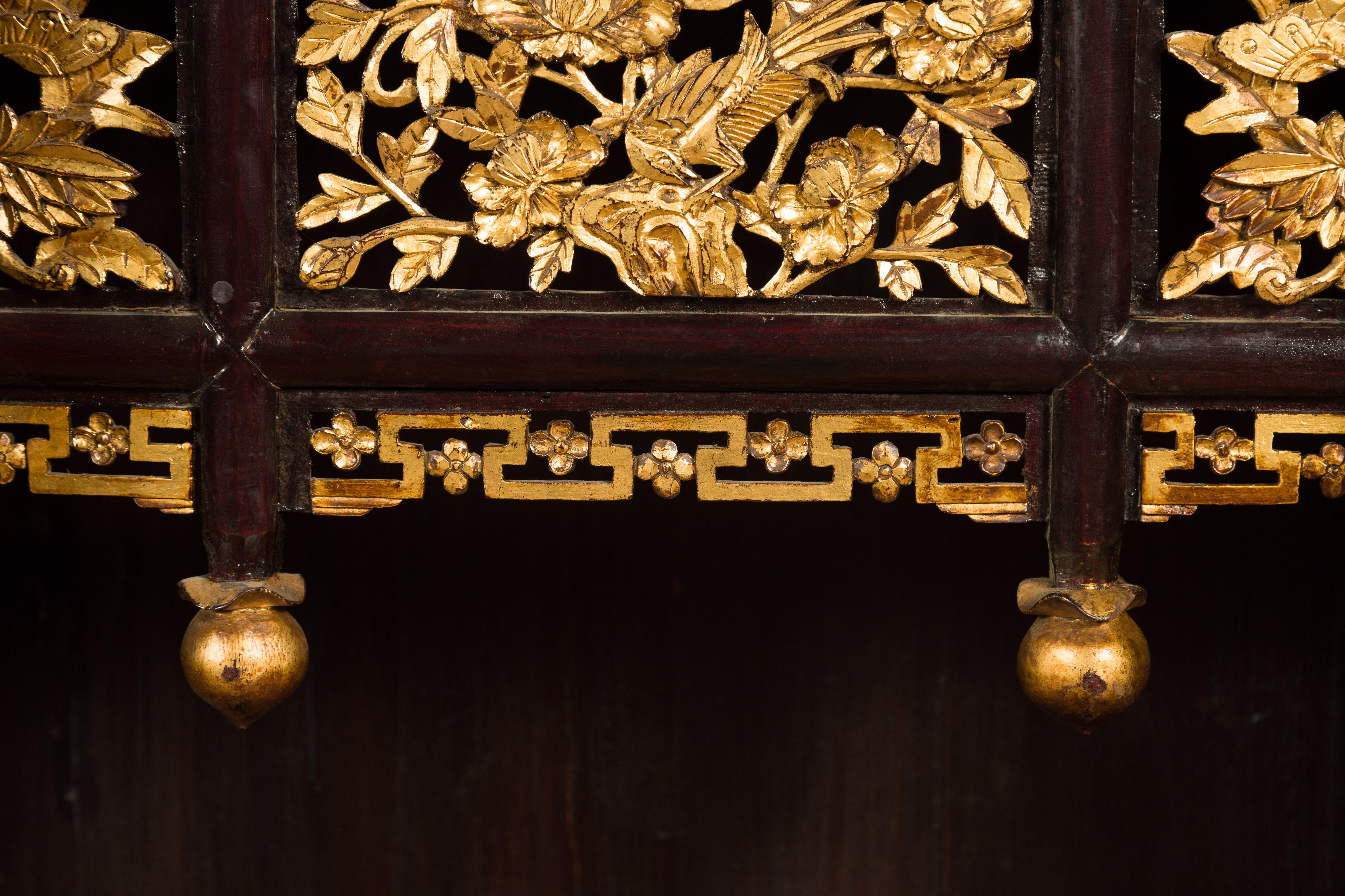 Antique Chinese Dark Brown Altar Shrine Cabinet with Inner Carved Gold Décor For Sale 5