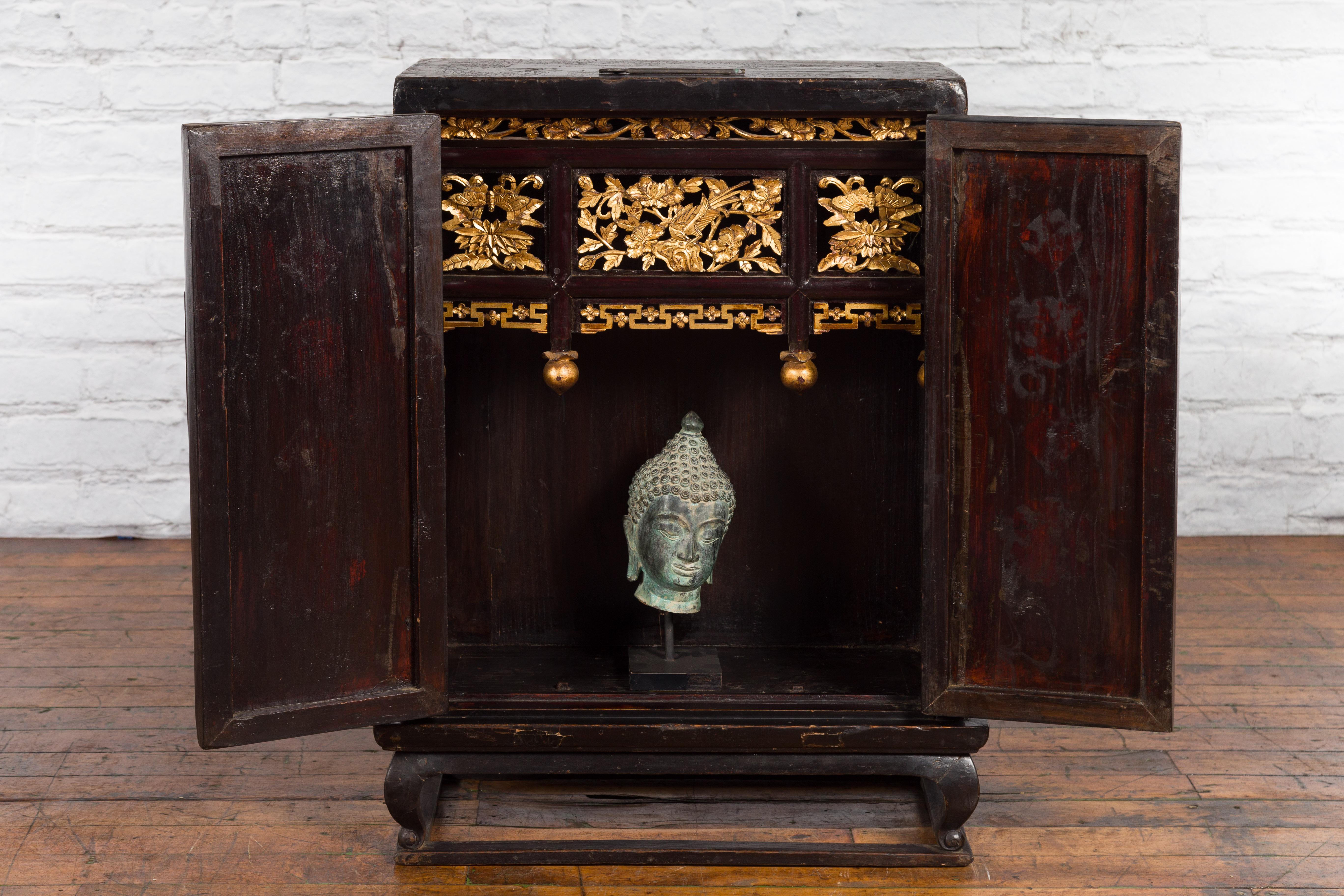 Antique Chinese Dark Brown Altar Shrine Cabinet with Inner Carved Gold Décor In Good Condition For Sale In Yonkers, NY