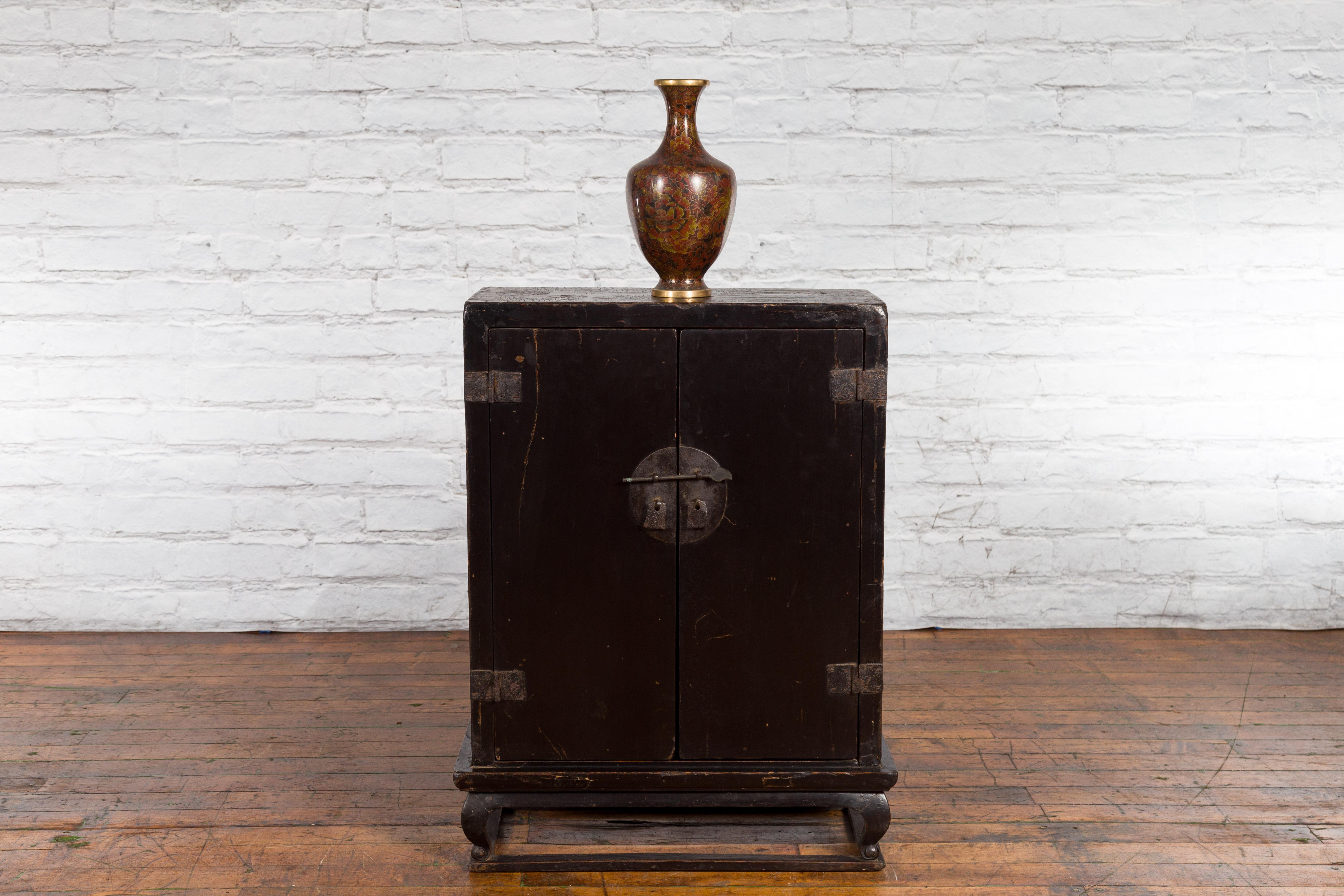 20th Century Antique Chinese Dark Brown Altar Shrine Cabinet with Inner Carved Gold Décor For Sale