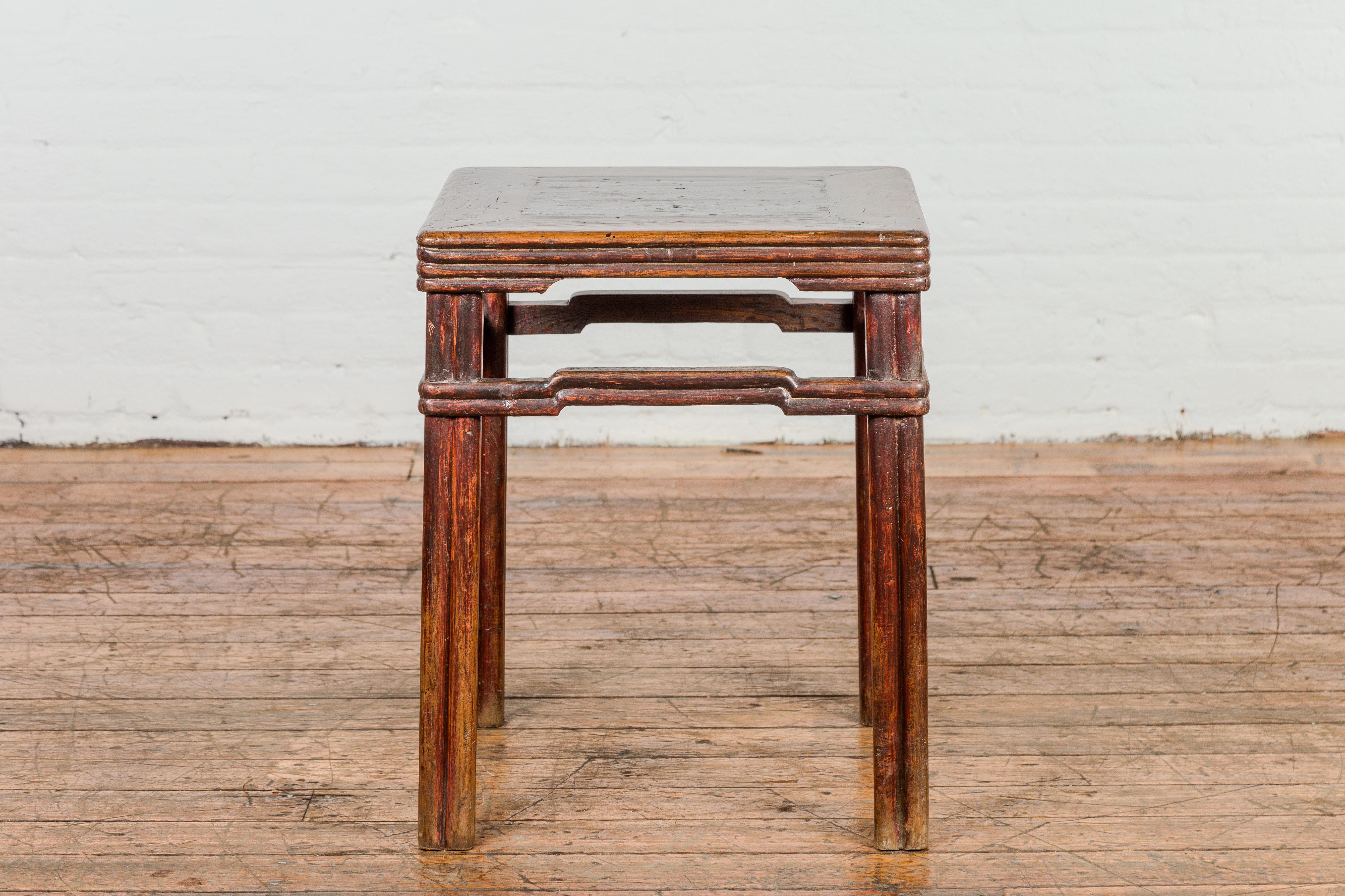 Qing Antique Chinese Dark Brown Side Table with Reeded Humpback Stretchers For Sale