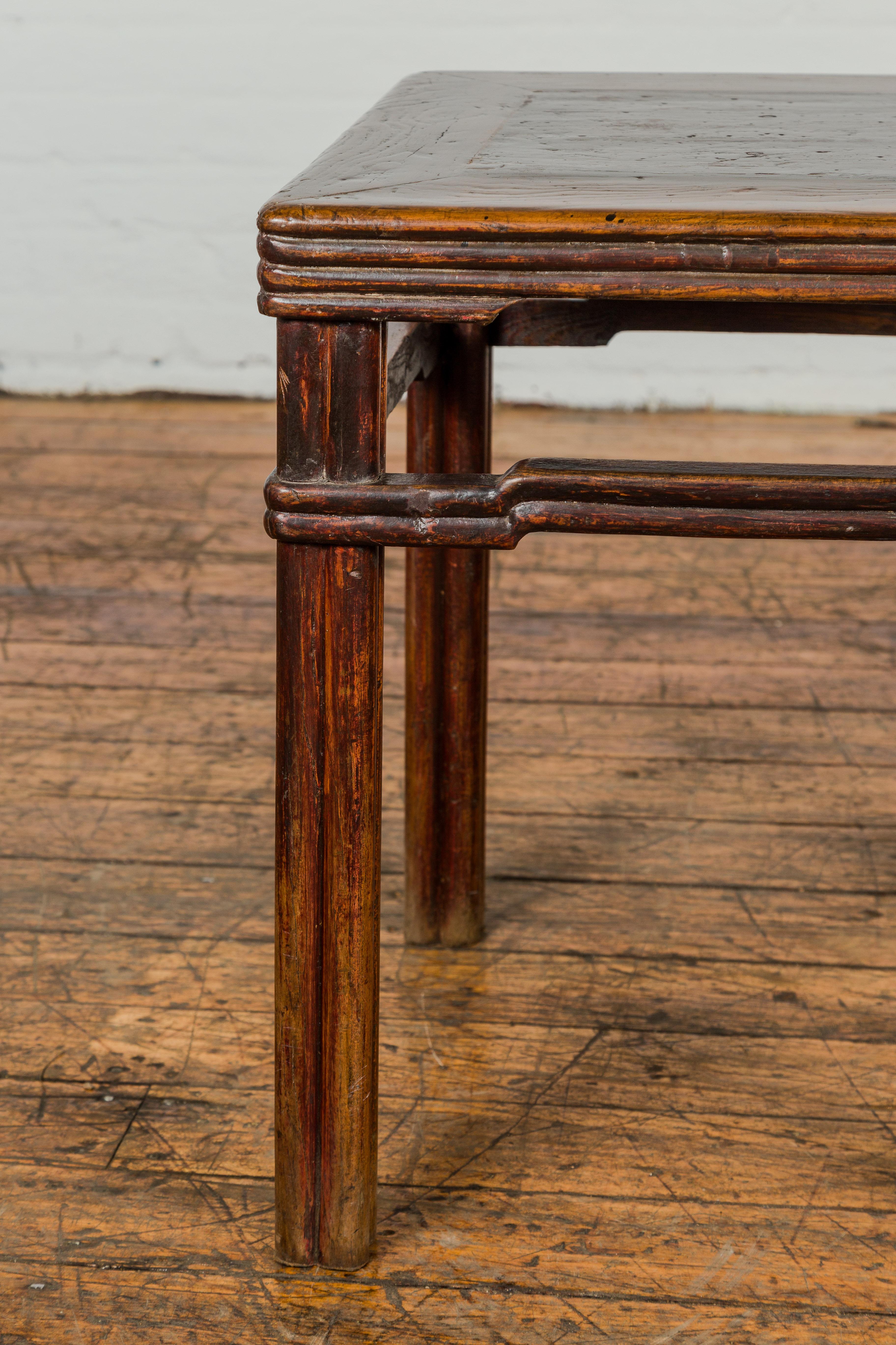 20th Century Antique Chinese Dark Brown Side Table with Reeded Humpback Stretchers For Sale