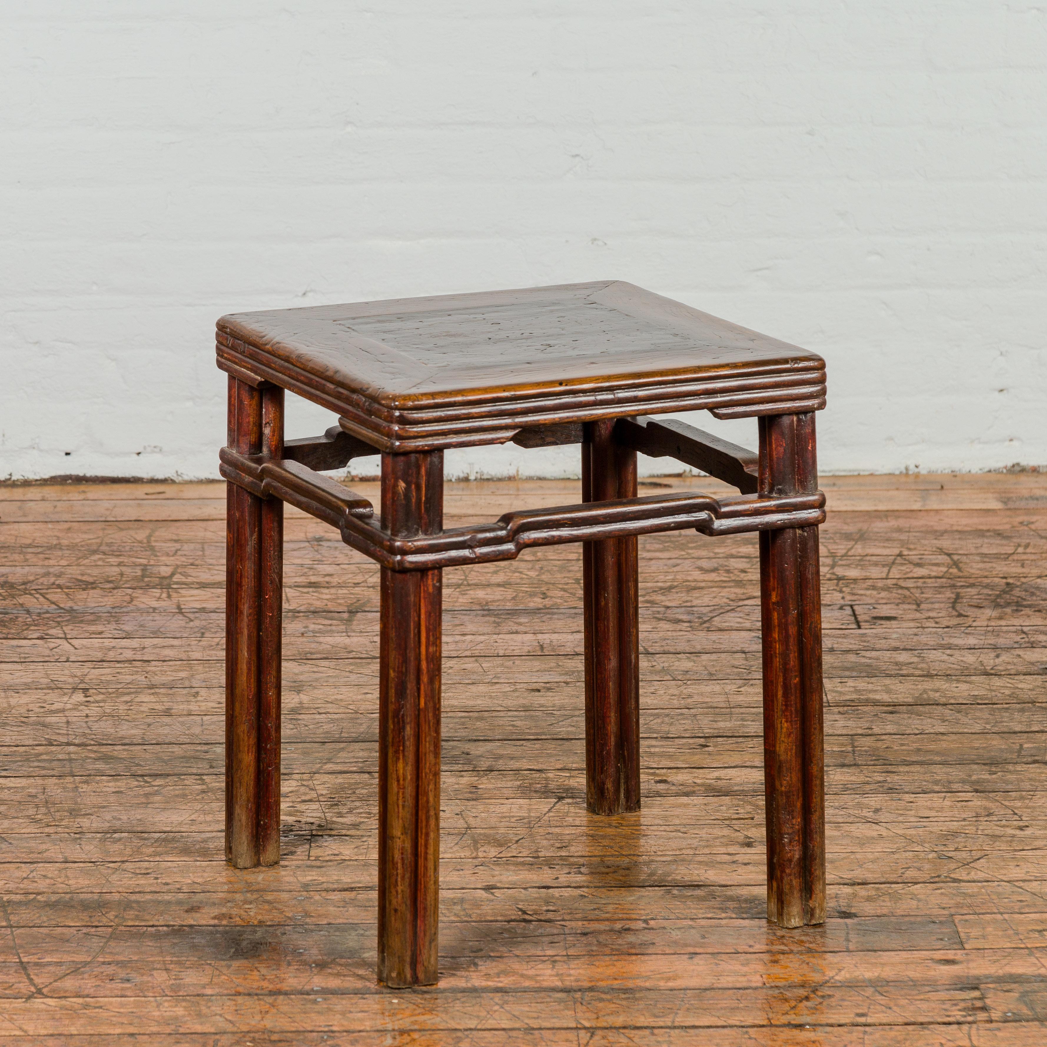 Antique Chinese Dark Brown Side Table with Reeded Humpback Stretchers For Sale 2
