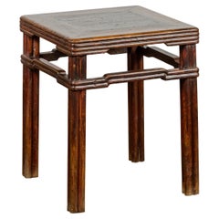 Antique Chinese Dark Brown Side Table with Reeded Humpback Stretchers