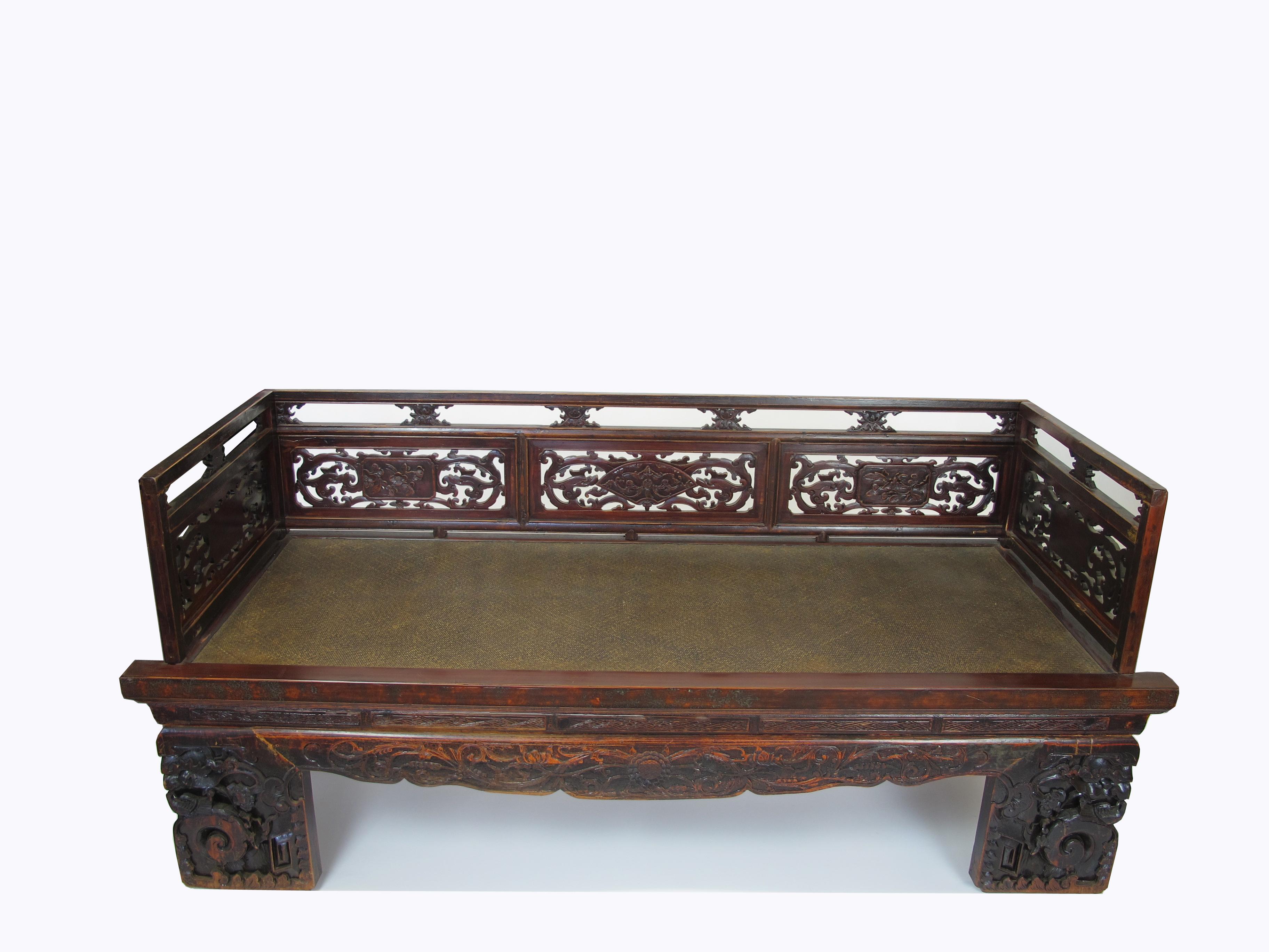 Chinese Export Antique Chinese Daybed with Hand Carved Railing