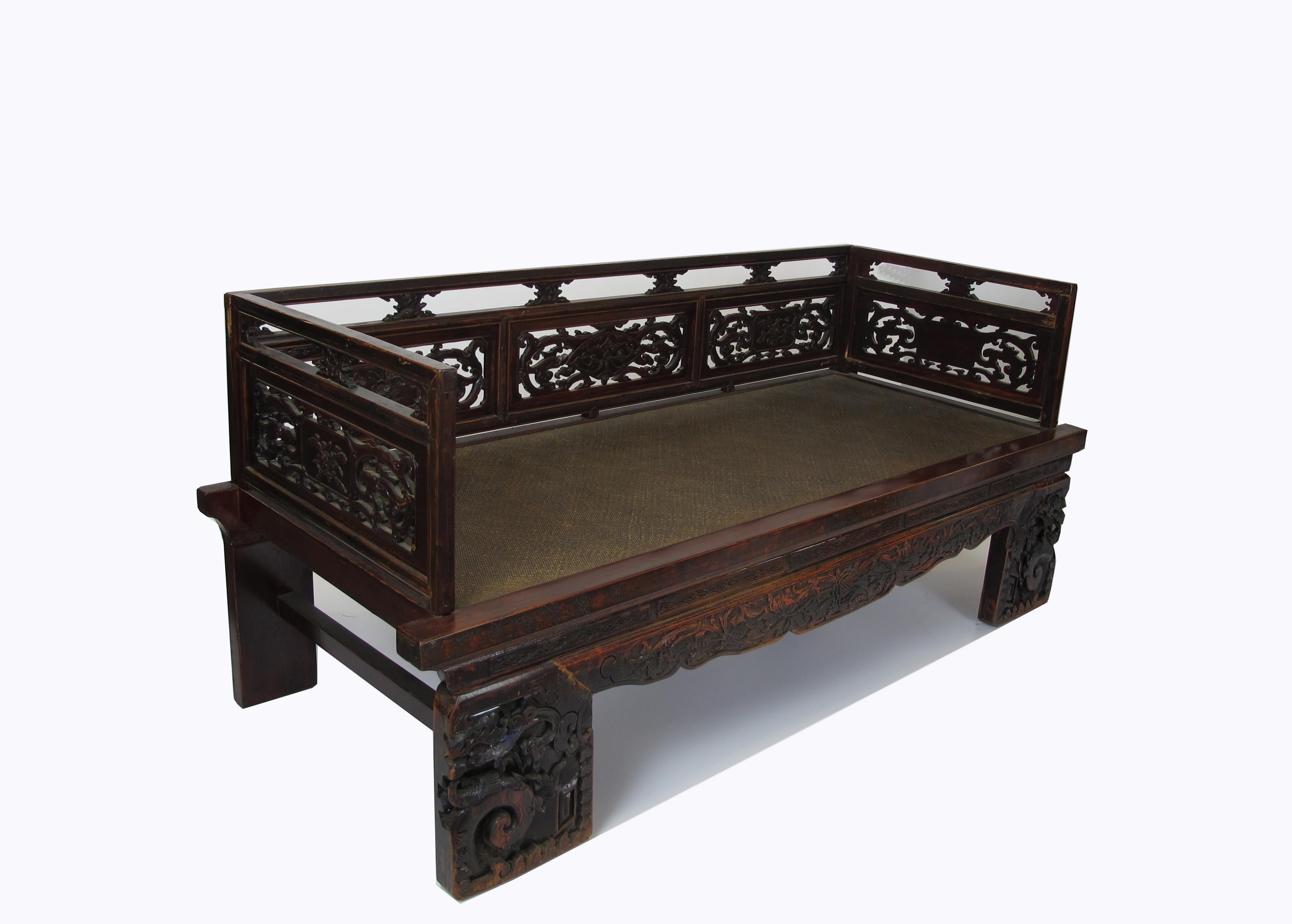Hand-Carved Antique Chinese Daybed with Hand Carved Railing