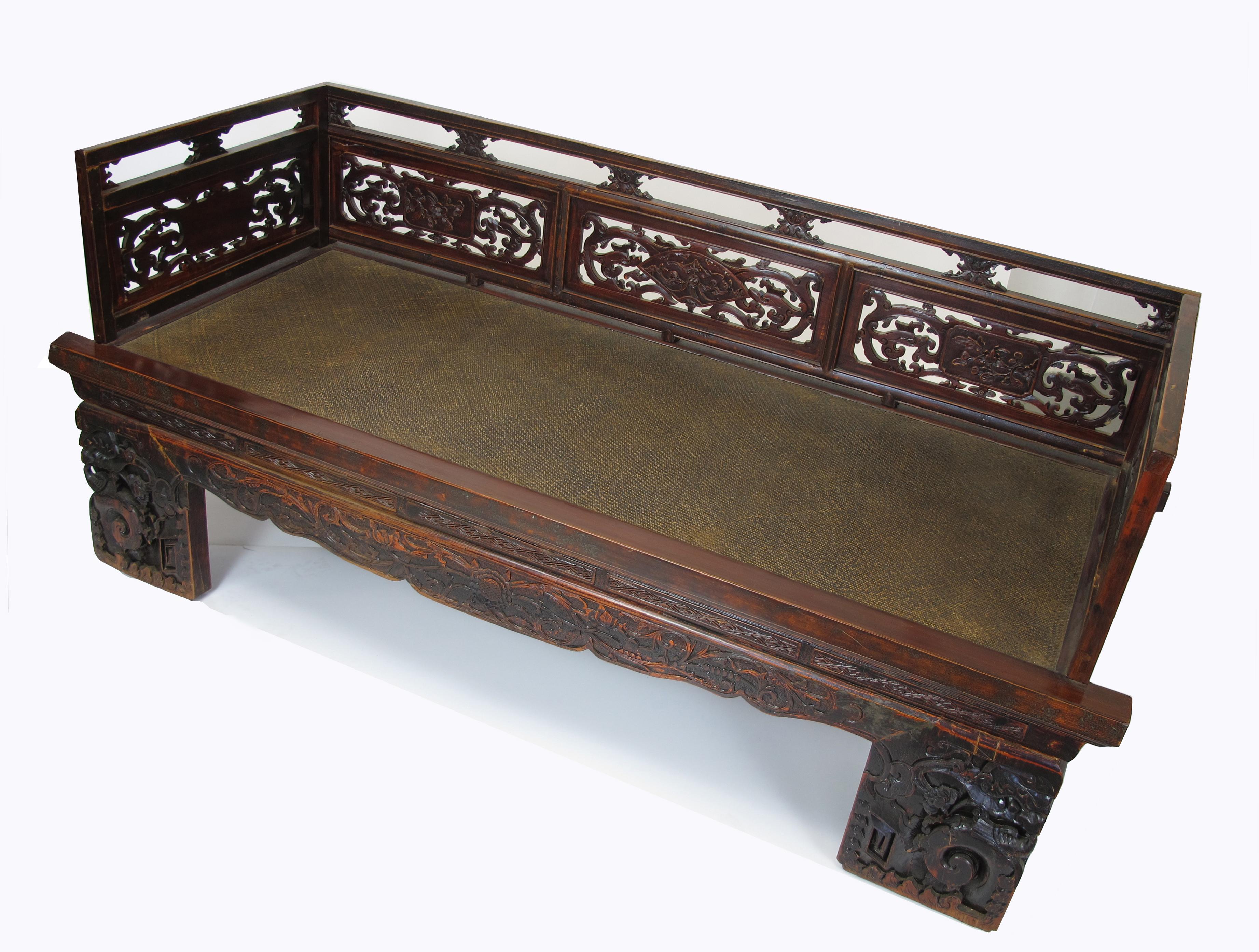 Elm Antique Chinese Daybed with Hand Carved Railing