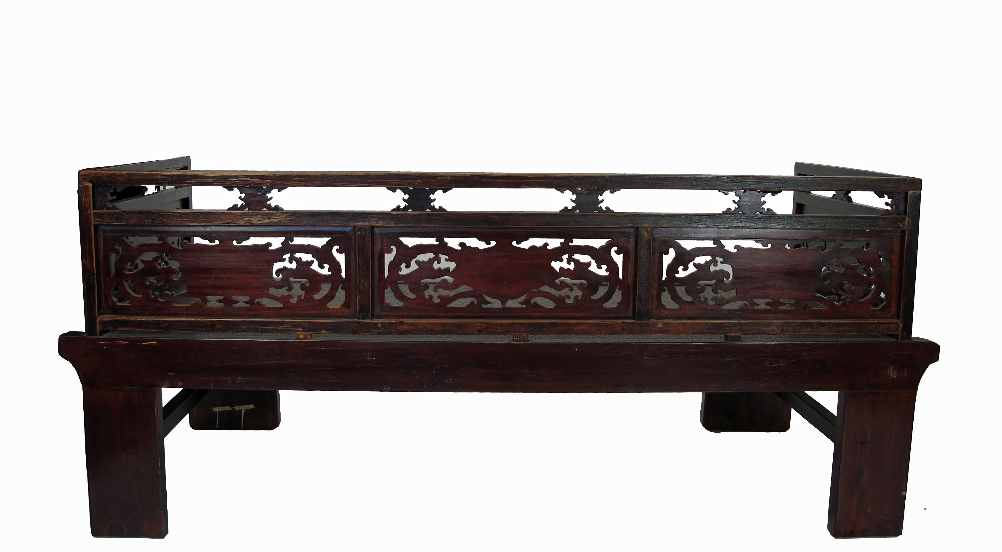 Antique Chinese Daybed with Hand Carved Railing 2