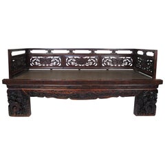 Antique Chinese Daybed with Hand Carved Railing