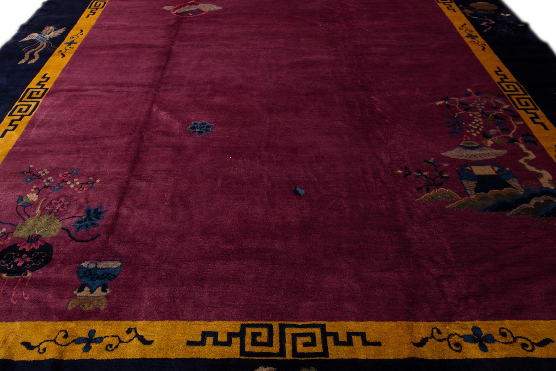 Hand-Knotted Antique Purple Chinese Deco Wool Rug 11 Ft 3 In X 15 Ft 4 In.