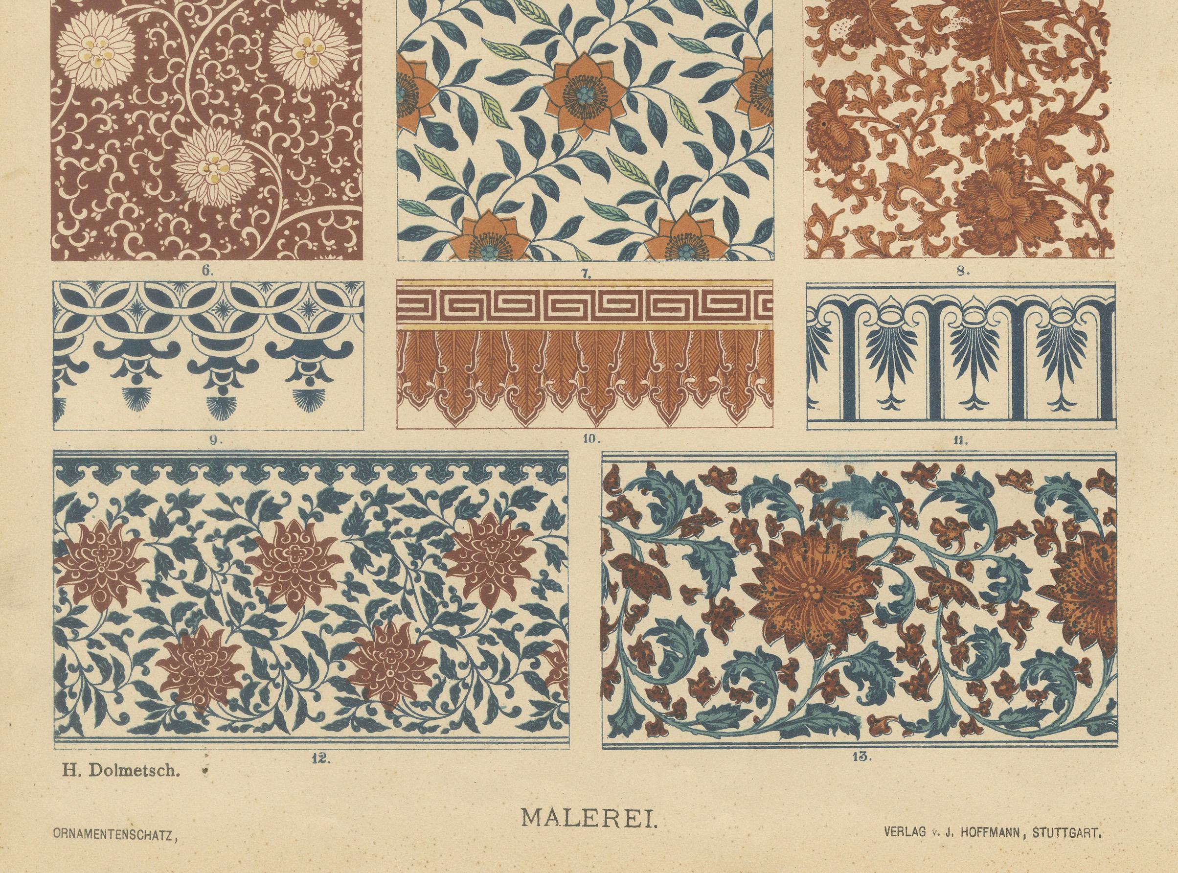Fin du XIXe siècle Anciennes estampes d'art décoratif chinois avec motifs floraux et textiles, 1887 en vente