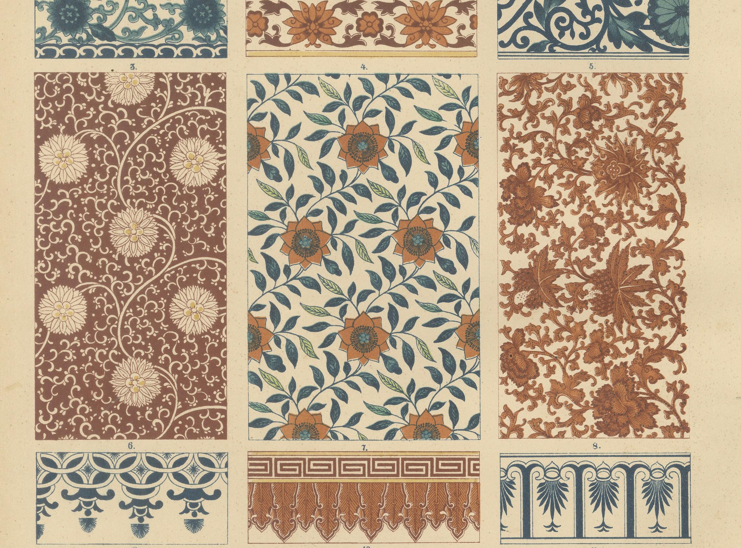 Papier Anciennes estampes d'art décoratif chinois avec motifs floraux et textiles, 1887 en vente