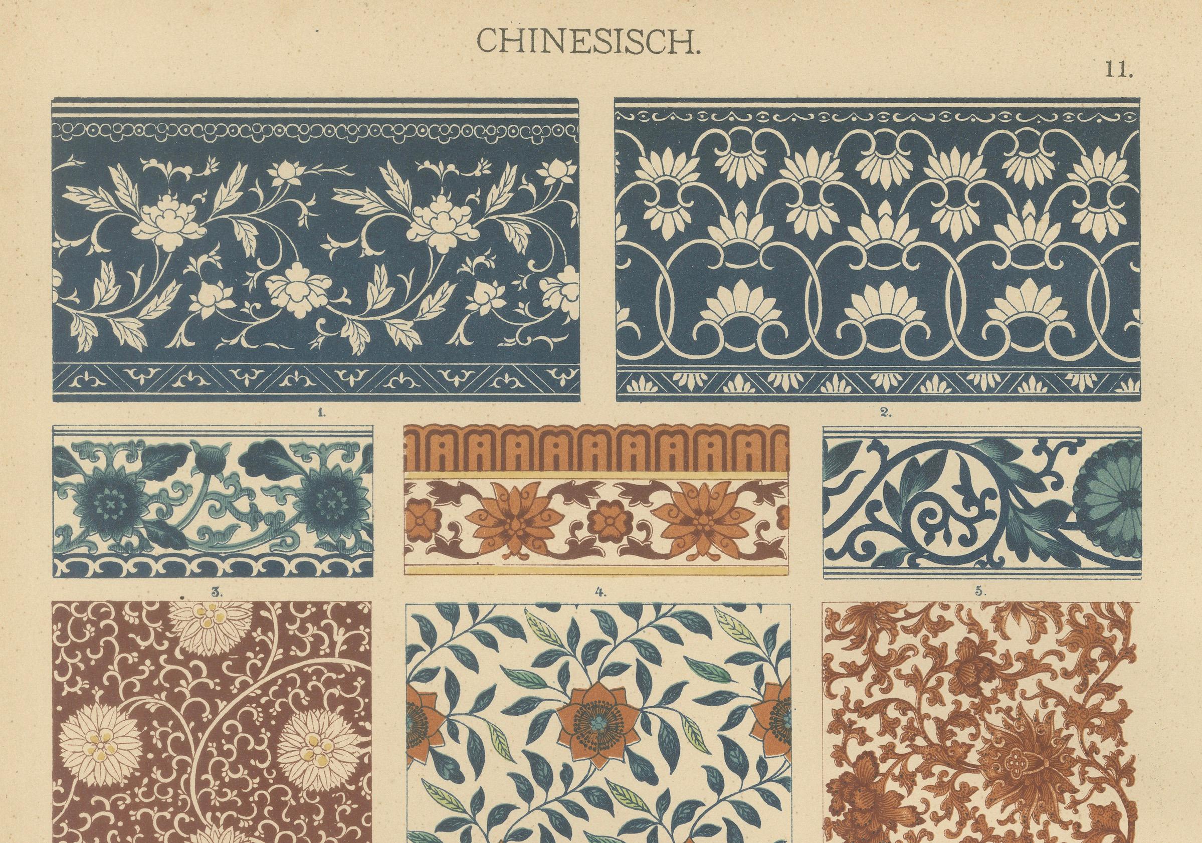 Anciennes estampes d'art décoratif chinois avec motifs floraux et textiles, 1887 en vente 1
