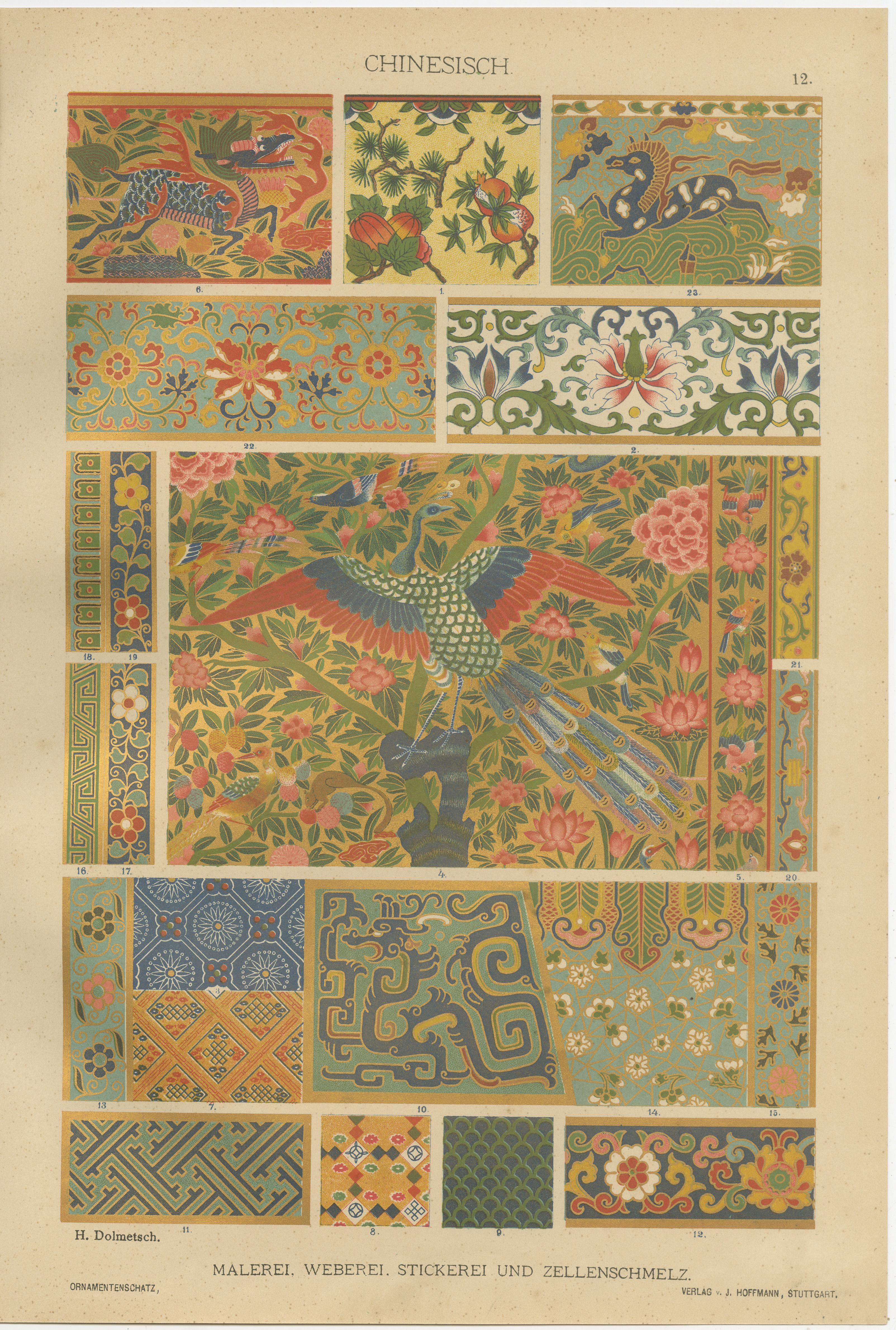 Anciennes estampes d'art décoratif chinois avec motifs floraux et textiles, 1887 en vente 3