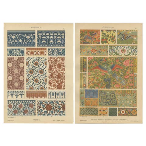 Antique Chinese Decorative Art Prints with Floral and Textile Motifs, 1887