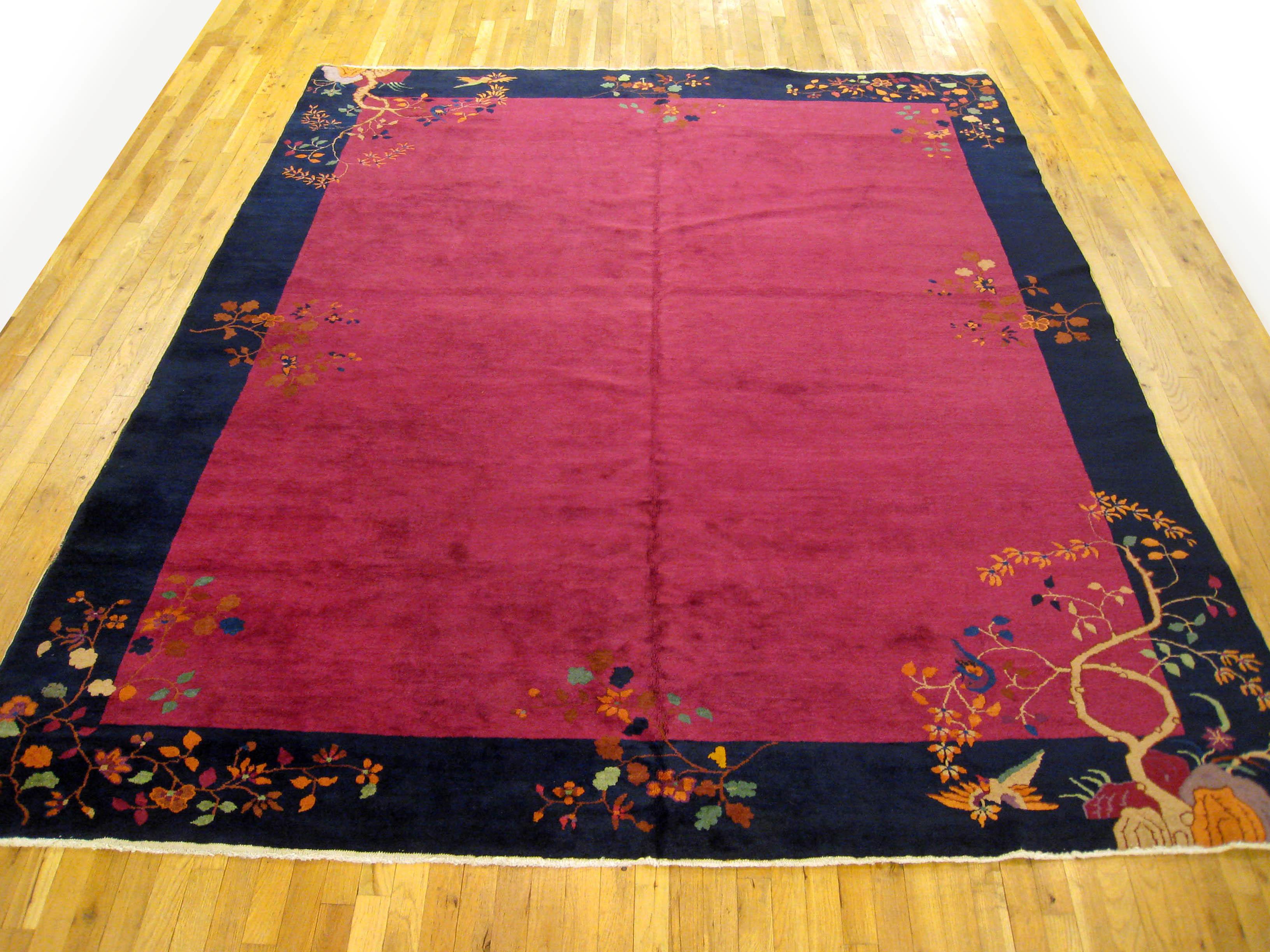 Antique Chinese Art deco Rug, Room size, circa 1920

A one-of-a-kind antique Chinese Mandarin oriental carpet, hand-knotted with medium thickness wool pile. This beautiful rug features art deco motifs allover a large purple red open field, with  a