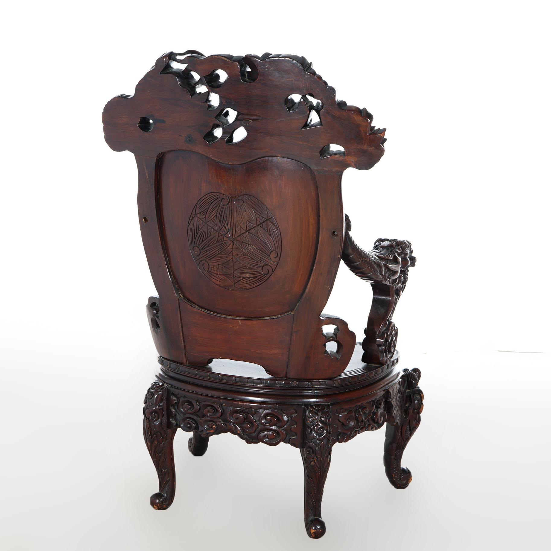Ancienne chaise trône de roi en bois de rose sculpté profond et figuratif avec dragons, 1920 en vente 3