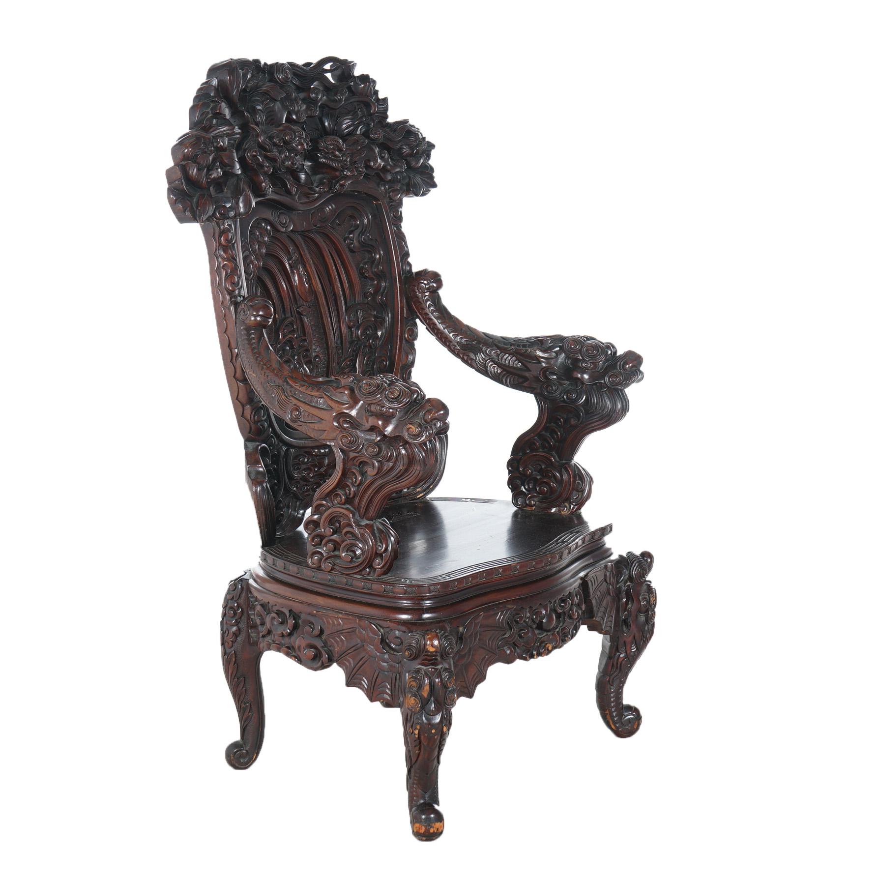 Ancienne chaise trône de roi en bois de rose sculpté profond et figuratif avec dragons, 1920 en vente 4
