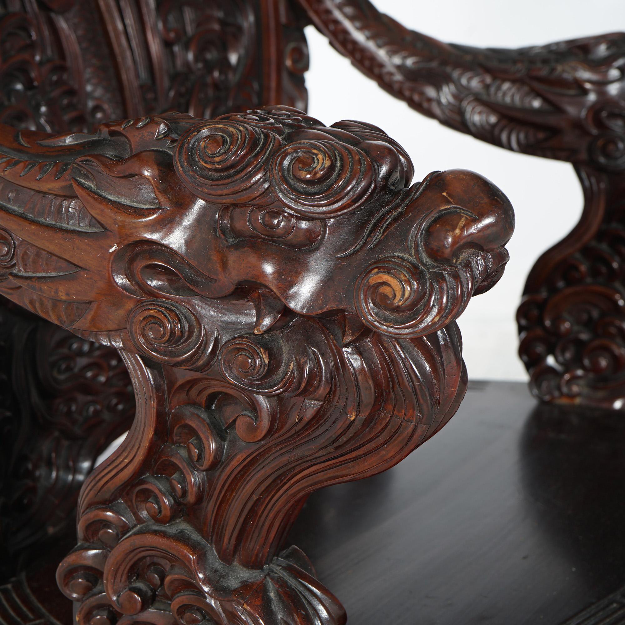 Ancienne chaise trône de roi en bois de rose sculpté profond et figuratif avec dragons, 1920 en vente 6