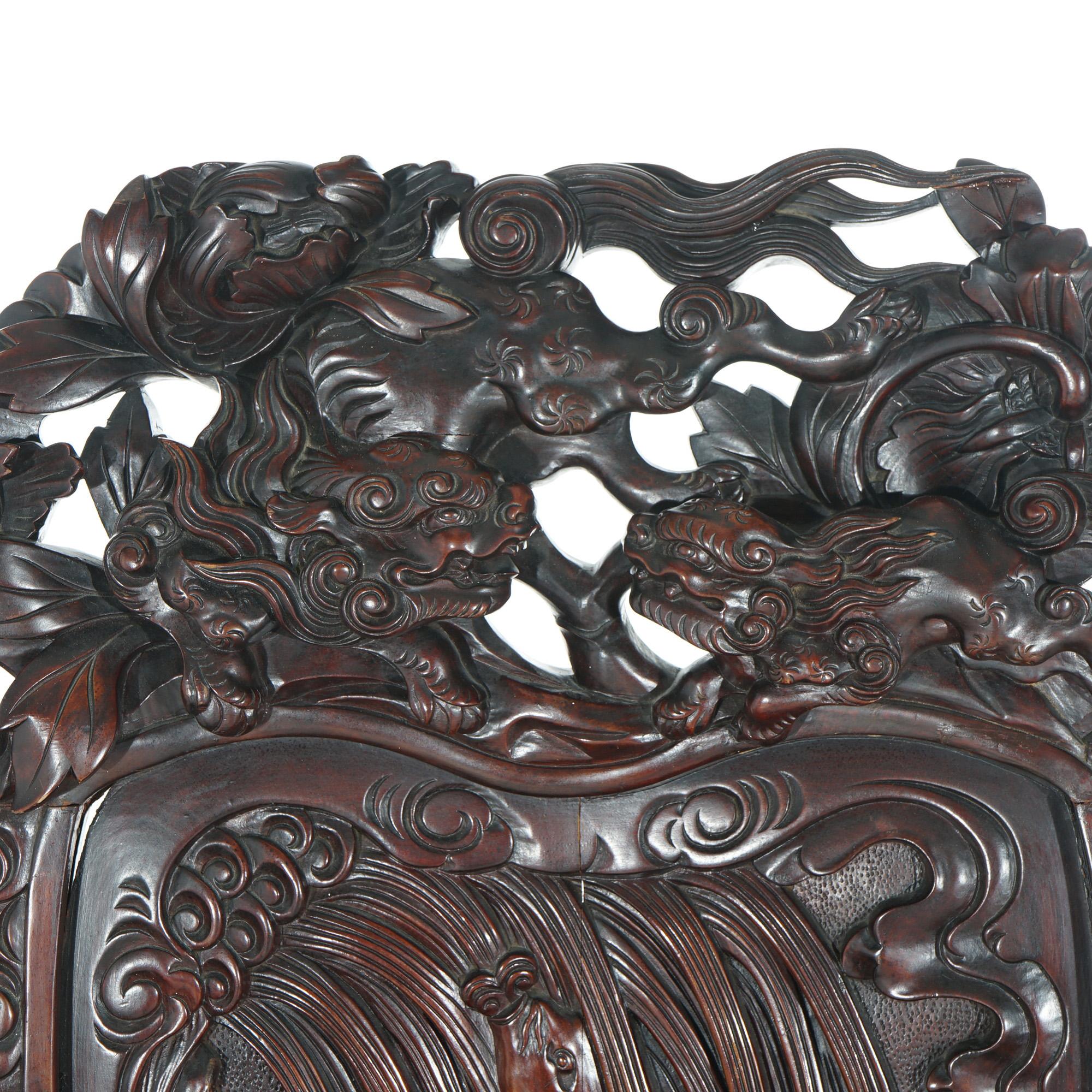 Antique Chinese Deep Carved Rosewood Figural King Throne Chair with Dragons 1920 For Sale 11