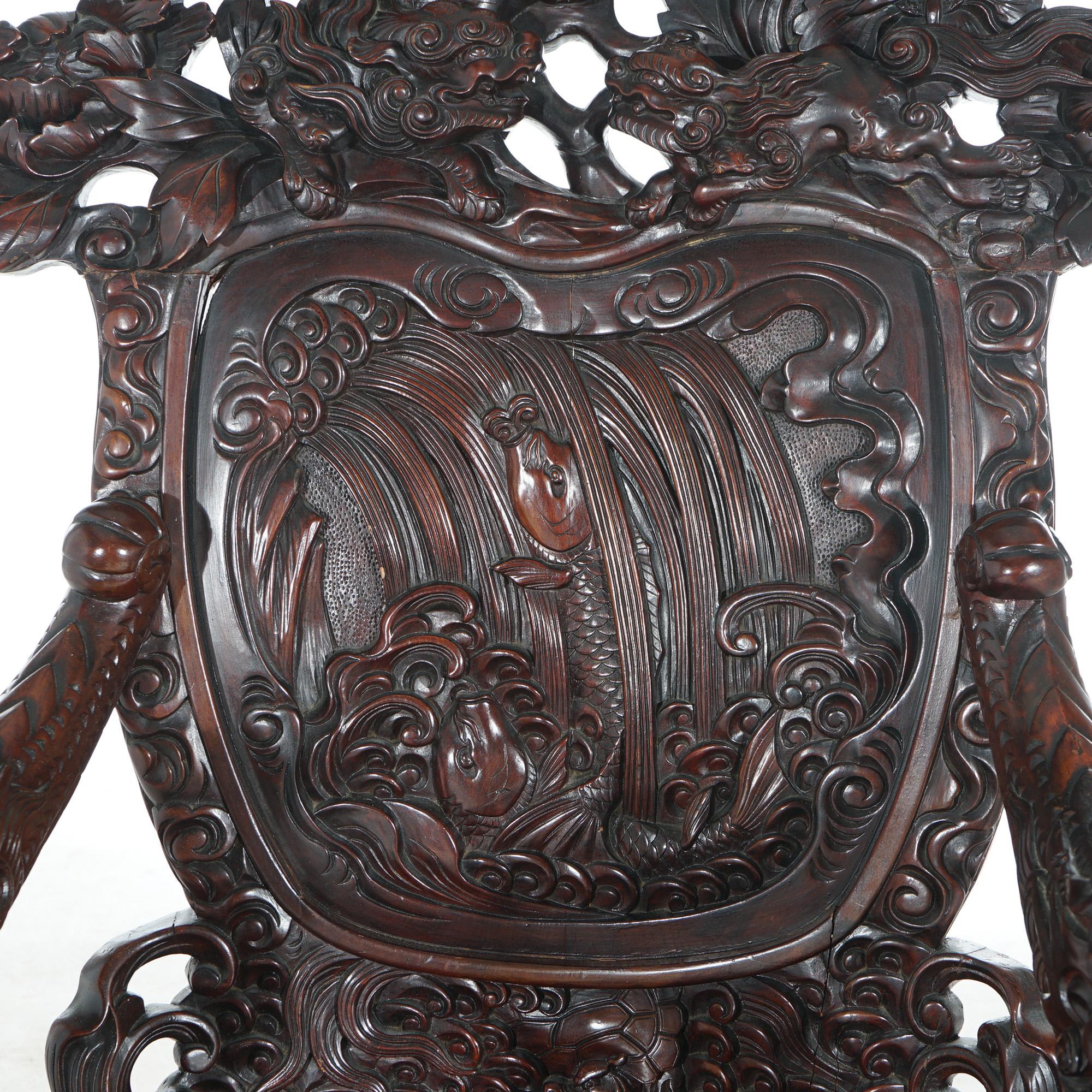 Ancienne chaise trône de roi en bois de rose sculpté profond et figuratif avec dragons, 1920 en vente 9