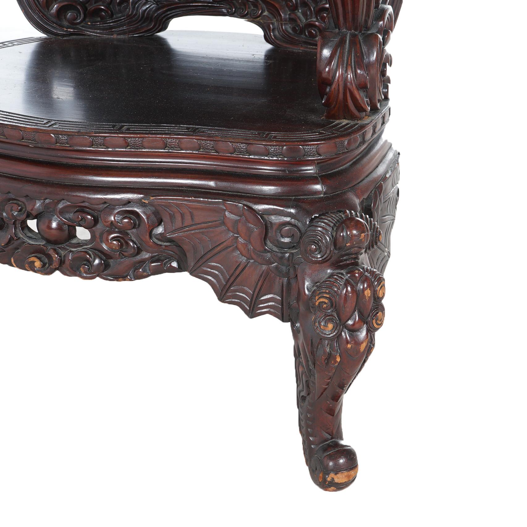 Antique Chinese Deep Carved Rosewood Figural King Throne Chair with Dragons 1920 In Good Condition For Sale In Big Flats, NY