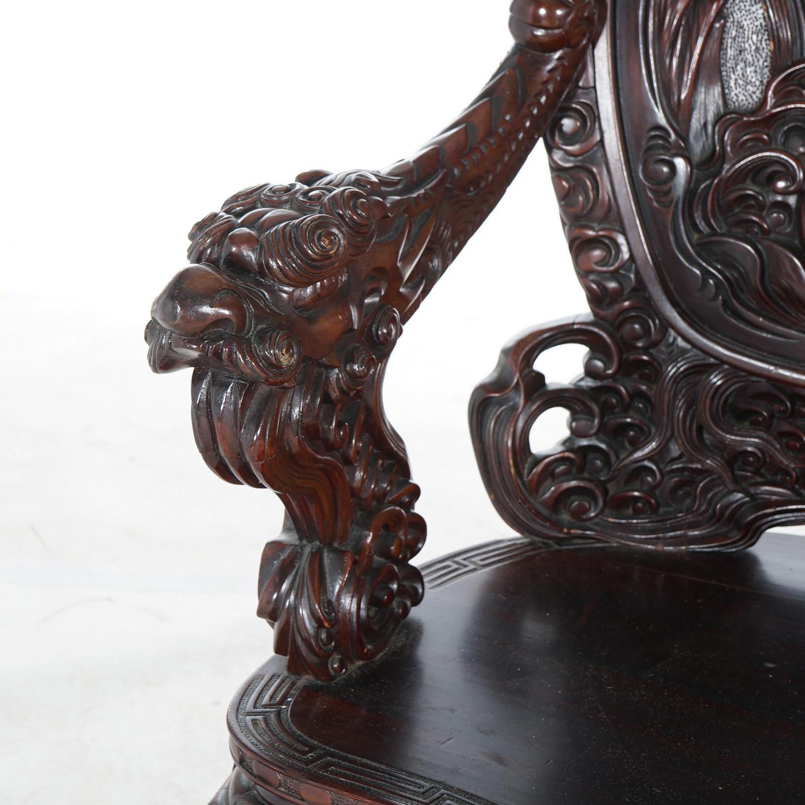 Ancienne chaise trône de roi en bois de rose sculpté profond et figuratif avec dragons, 1920 en vente 1