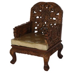 Antique Chinese Deeply Carved Figural Hardwood Armchair & Upholstered Seat C1910