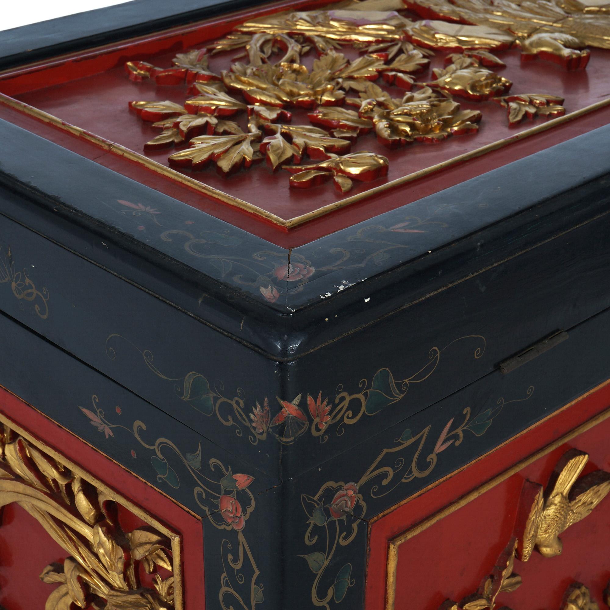 Antique Chinese Deeply Carved & Polychromed Gilt Blanket Chest with Birds C1920 For Sale 6