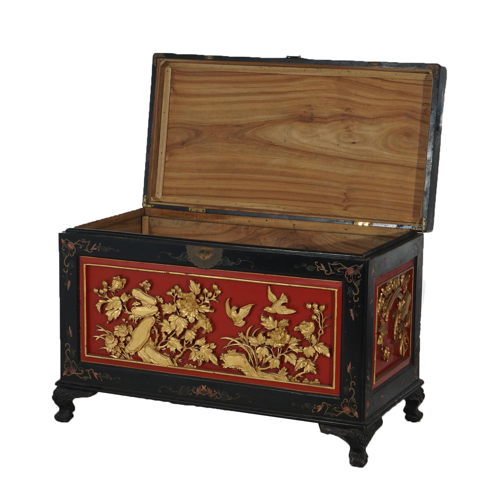 Antique Chinese Deeply Carved & Polychromed Gilt Blanket Chest with Birds C1920 8