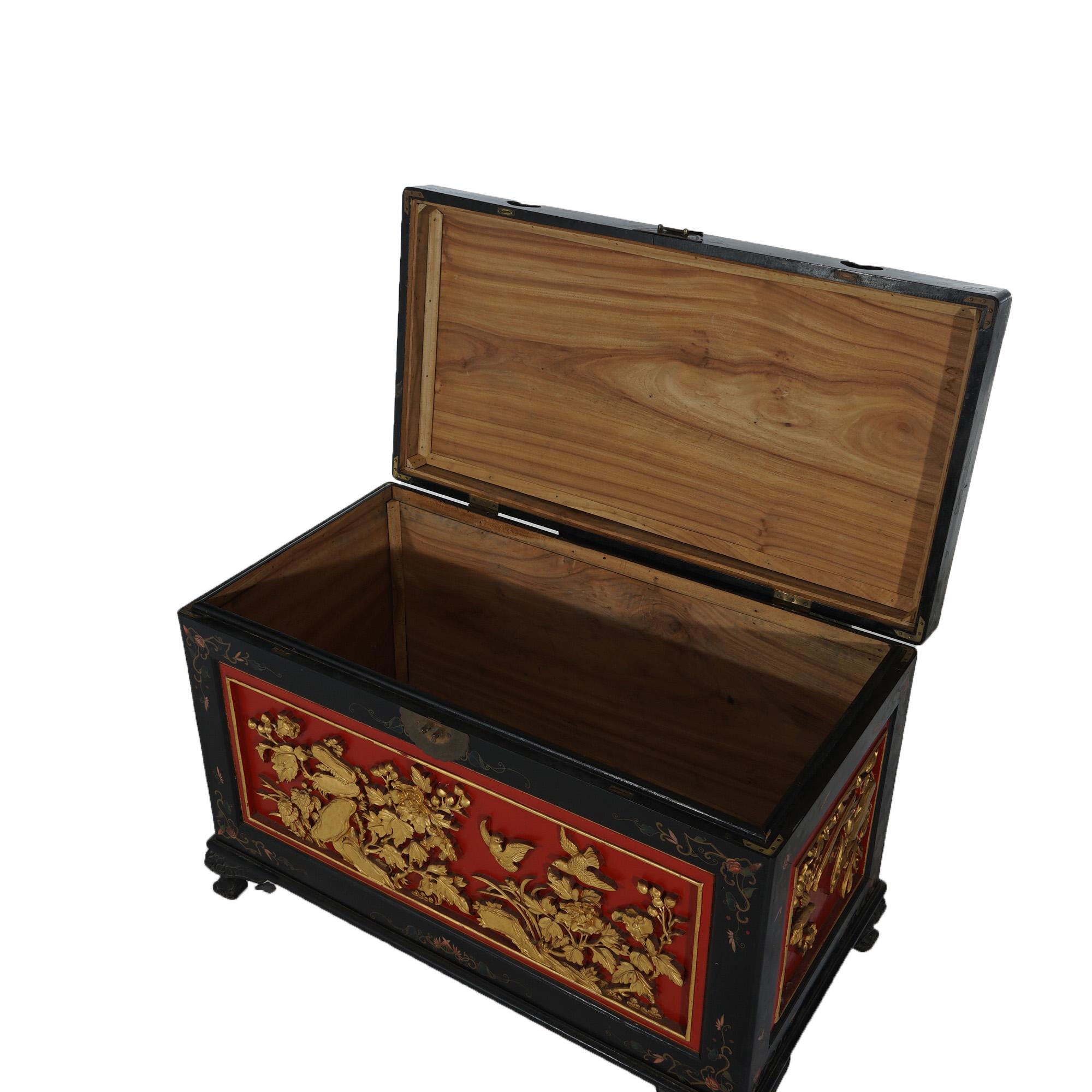 Antique Chinese Deeply Carved & Polychromed Gilt Blanket Chest with Birds C1920 For Sale 9