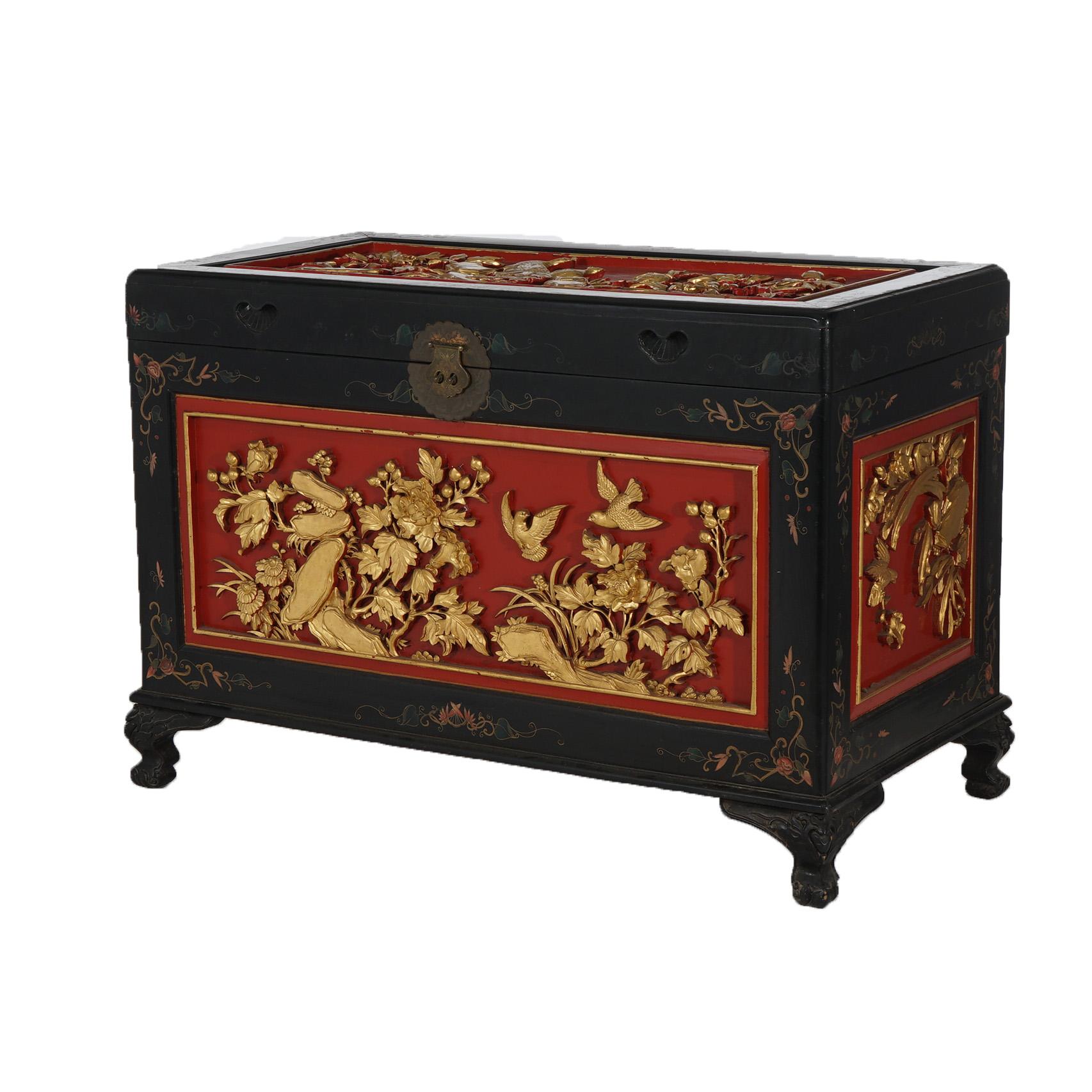 ***Ask About Reduced In-House Delivery Rates - Reliable Professional Service & Fully Insured***
Antique Chinese Deeply Carved, Polychromed, Ebonized, Vermillion and Gilt Blanket Chest with Birds & Flowers in Relief, Raised on Stylized Cabriole Legs,