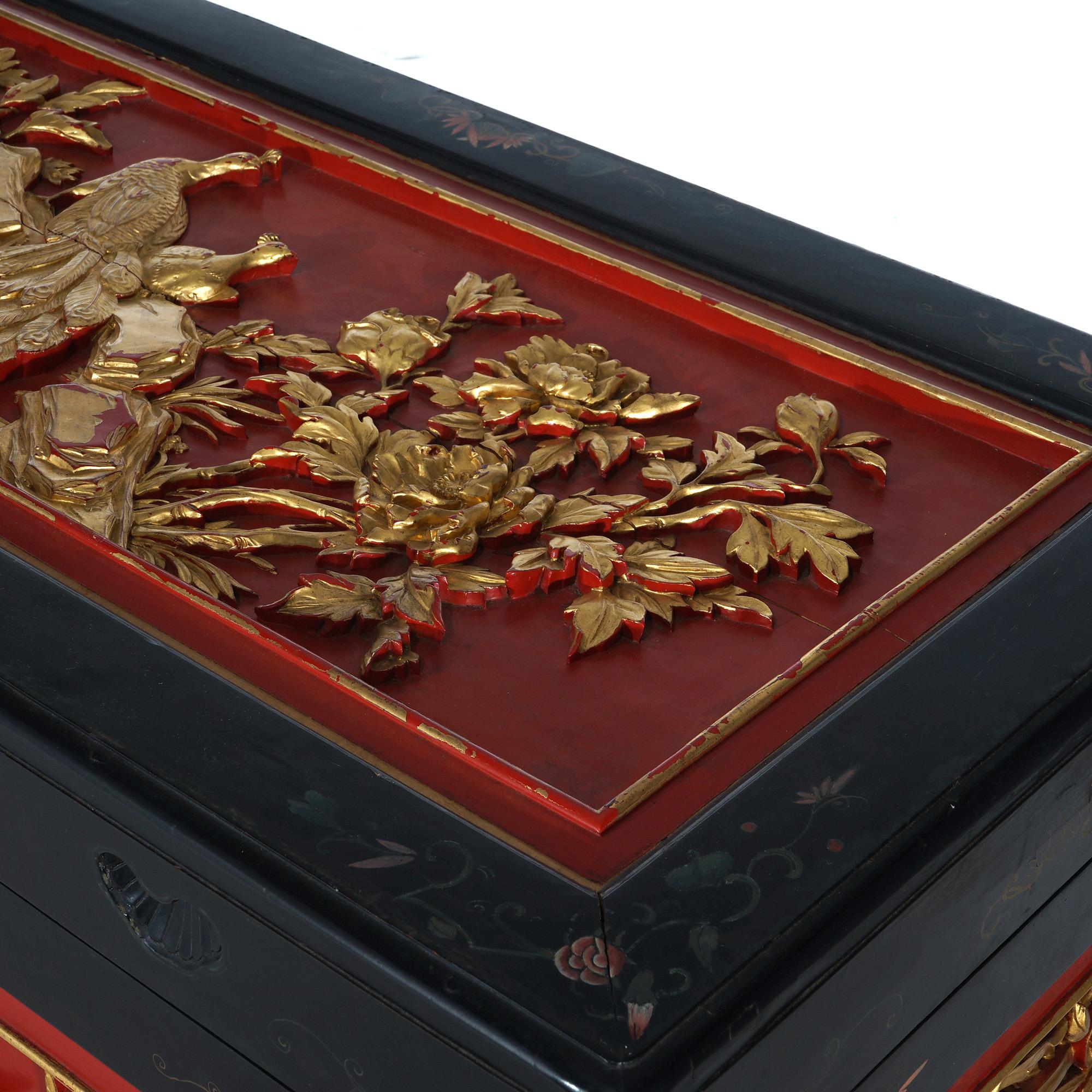 Antique Chinese Deeply Carved & Polychromed Gilt Blanket Chest with Birds C1920 In Good Condition In Big Flats, NY