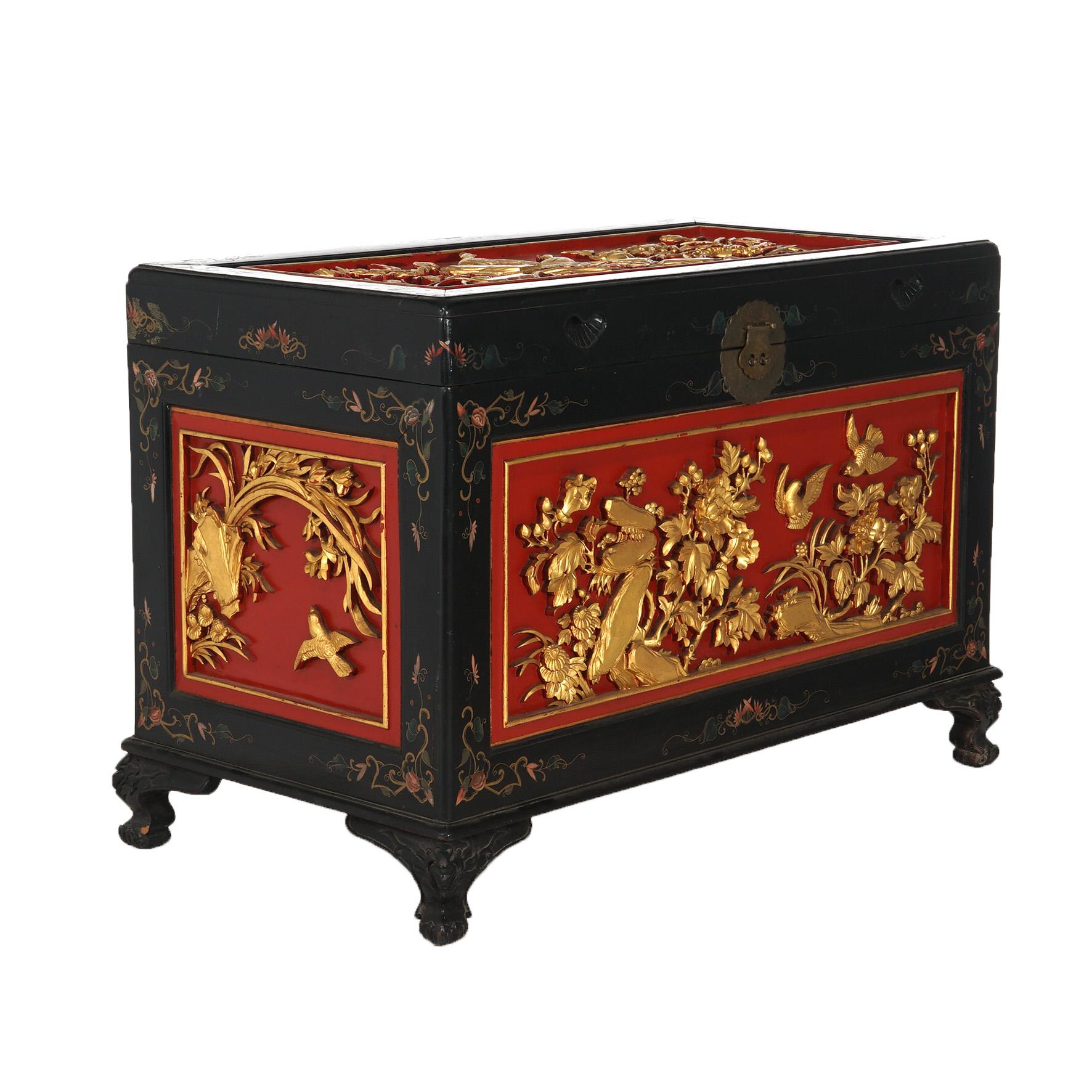 20th Century Antique Chinese Deeply Carved & Polychromed Gilt Blanket Chest with Birds C1920