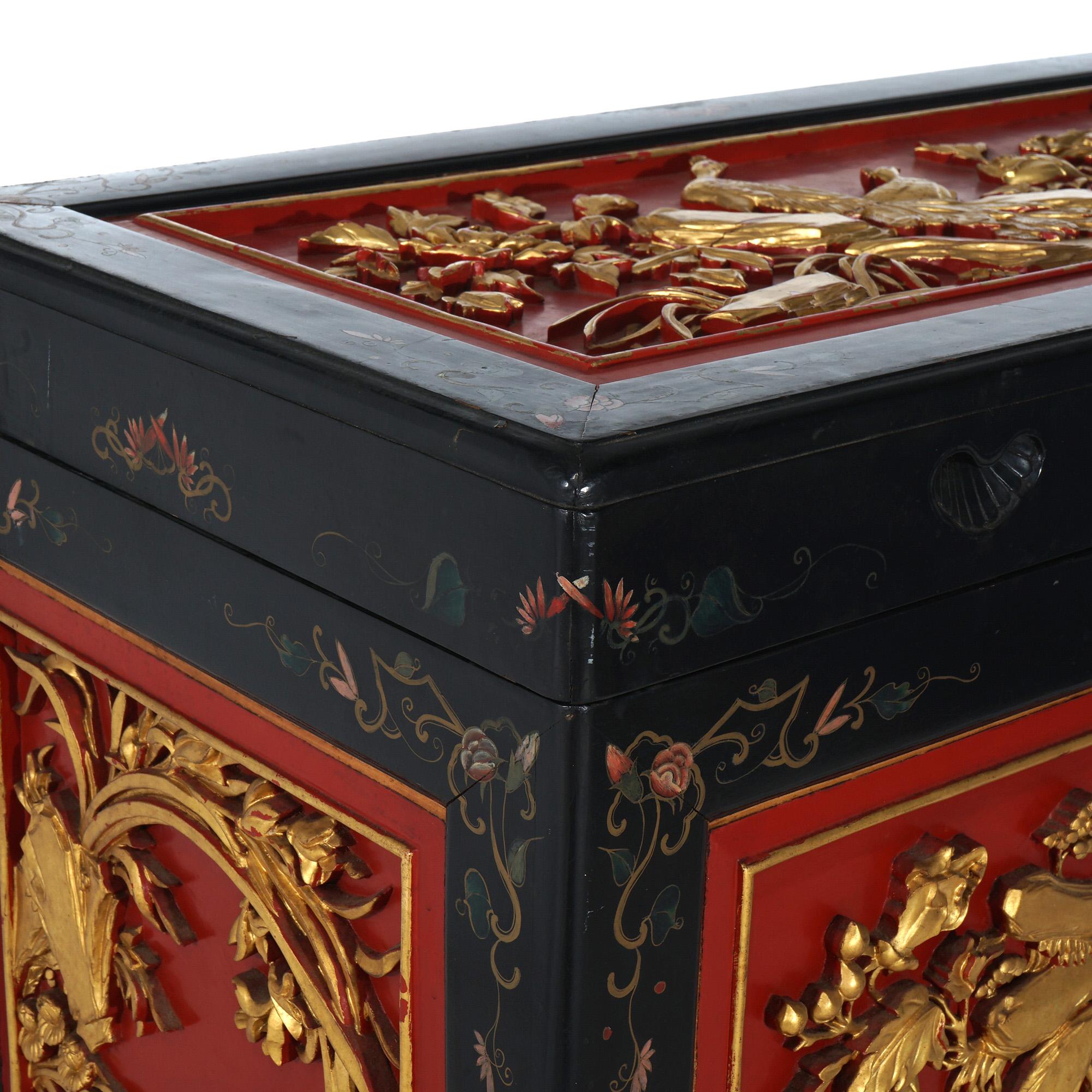 Antique Chinese Deeply Carved & Polychromed Gilt Blanket Chest with Birds C1920 For Sale 1