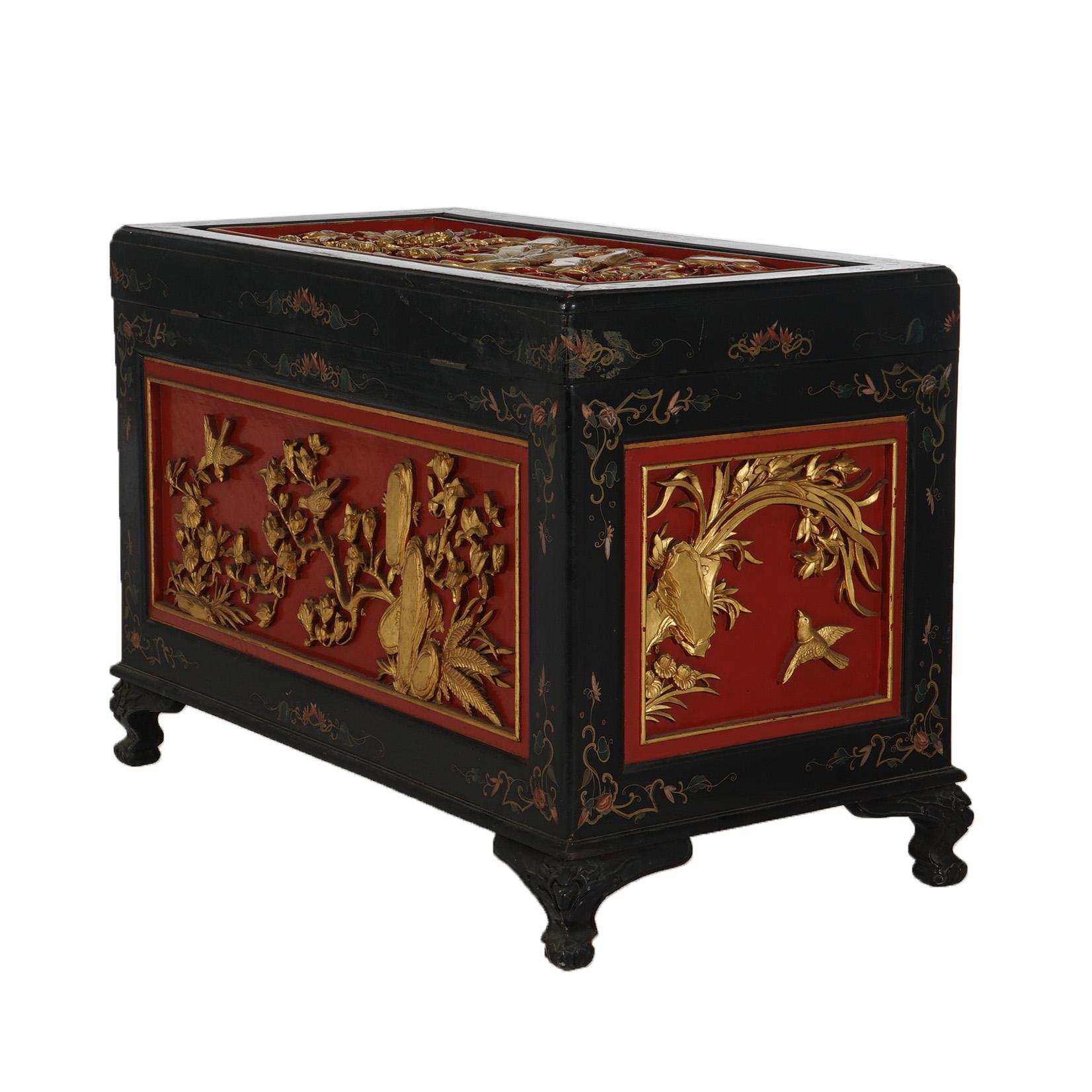Antique Chinese Deeply Carved & Polychromed Gilt Blanket Chest with Birds C1920 2