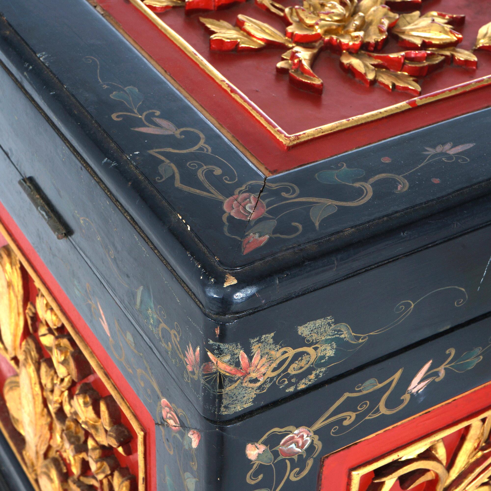 Antique Chinese Deeply Carved & Polychromed Gilt Blanket Chest with Birds C1920 3