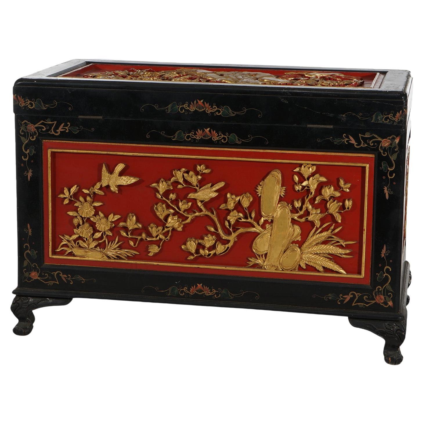 Antique Chinese Deeply Carved & Polychromed Gilt Blanket Chest with Birds C1920 For Sale