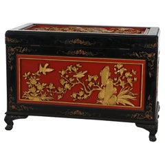 Antique Chinese Deeply Carved & Polychromed Gilt Blanket Chest with Birds C1920
