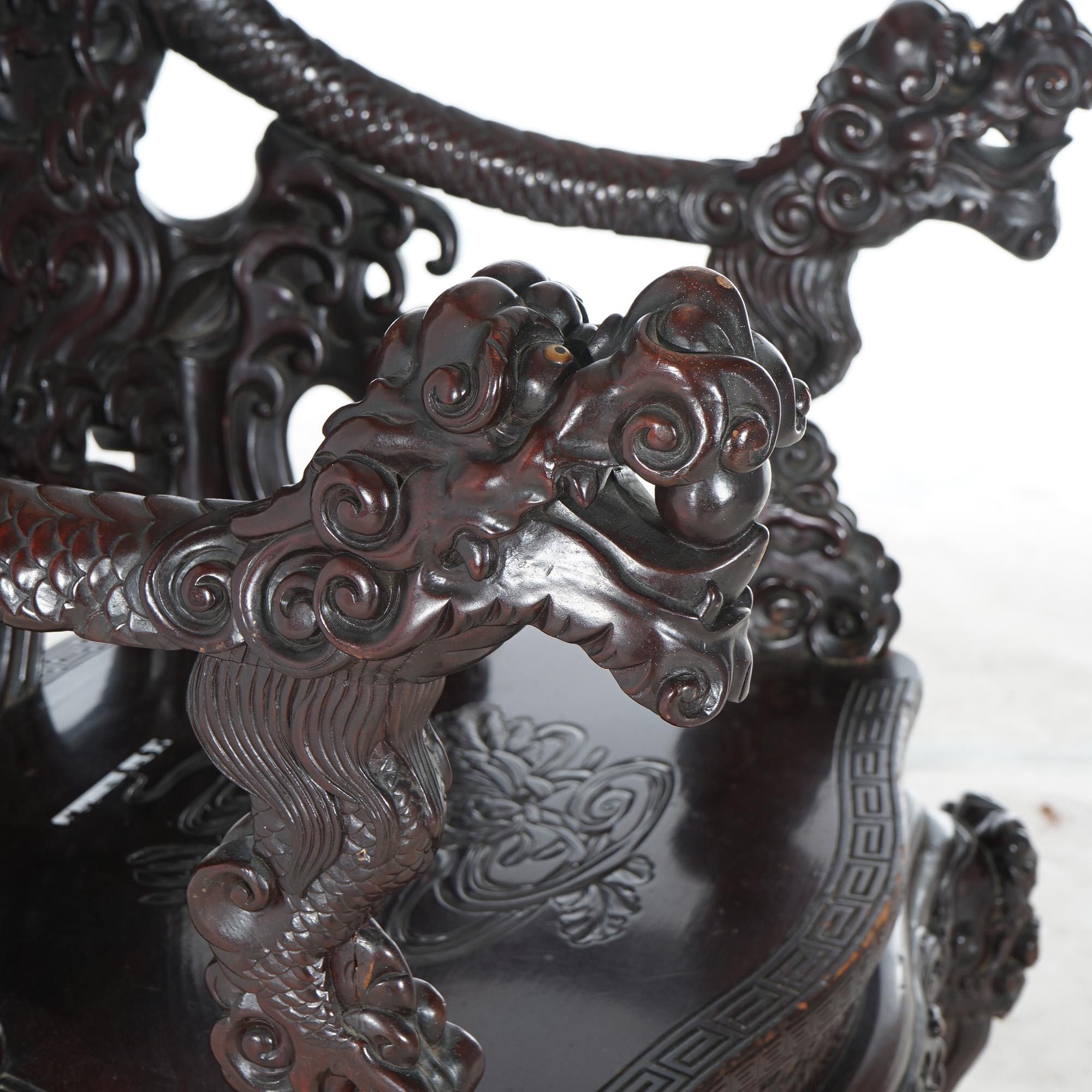 Antique Chinese Deeply Carved Rosewood Figural Queen Chair with Dragons C1920 For Sale 12